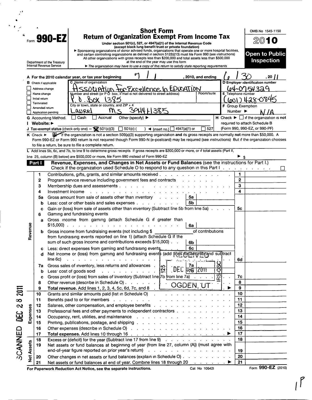 Image of first page of 2010 Form 990EZ for Association for Excellence in Education