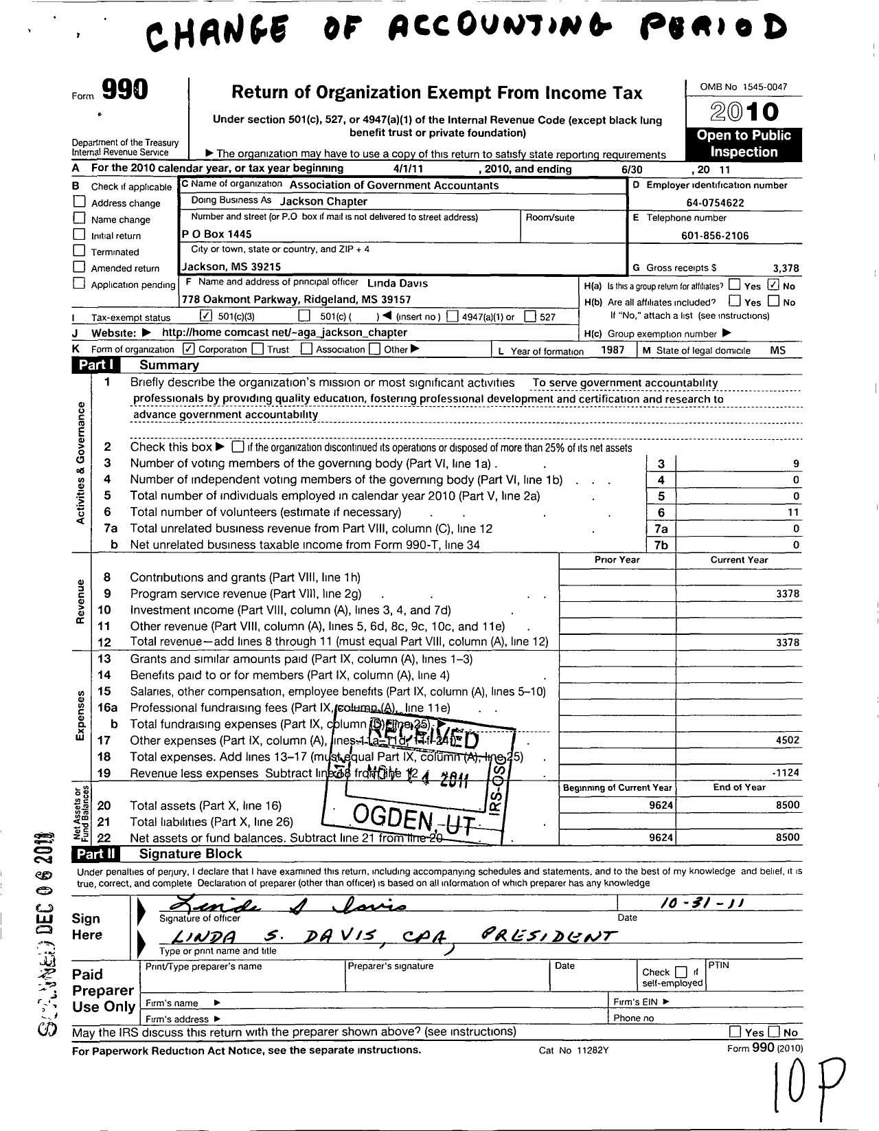 Image of first page of 2010 Form 990 for Association of Government Accountants - 24 Jackson Chapter