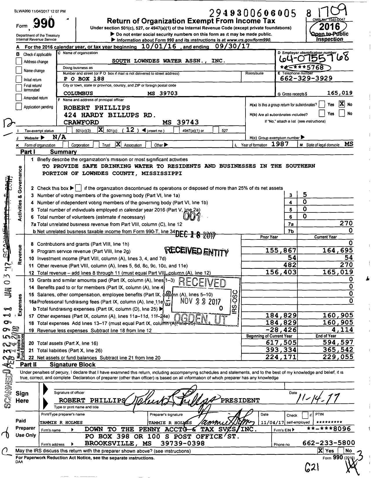 Image of first page of 2016 Form 990O for South Lowndes Water Association