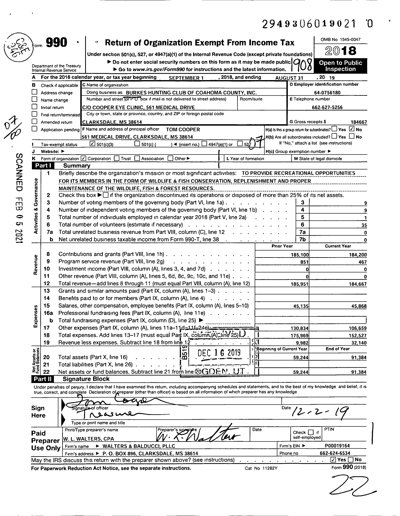 Image of first page of 2018 Form 990O for Burke's Hunting Club of Coahoma County