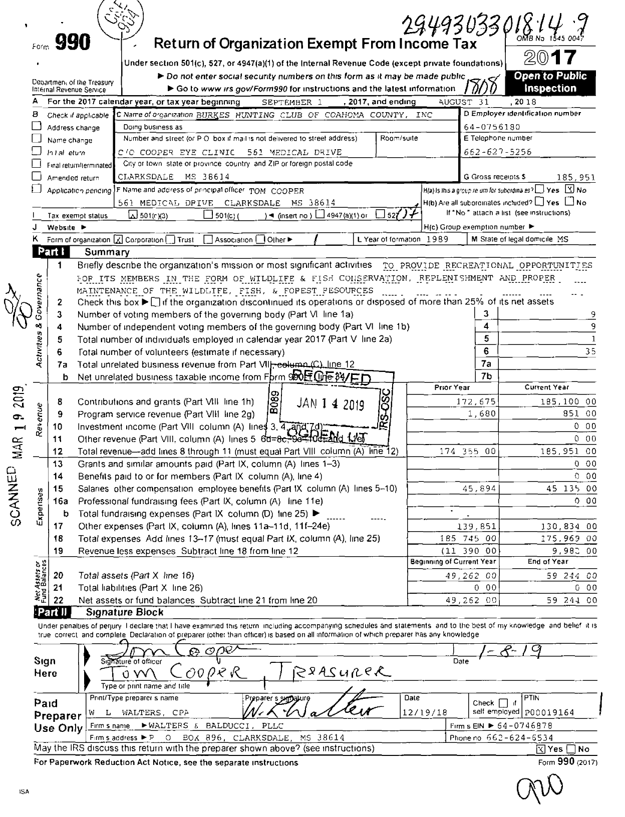 Image of first page of 2017 Form 990O for Burke's Hunting Club of Coahoma County