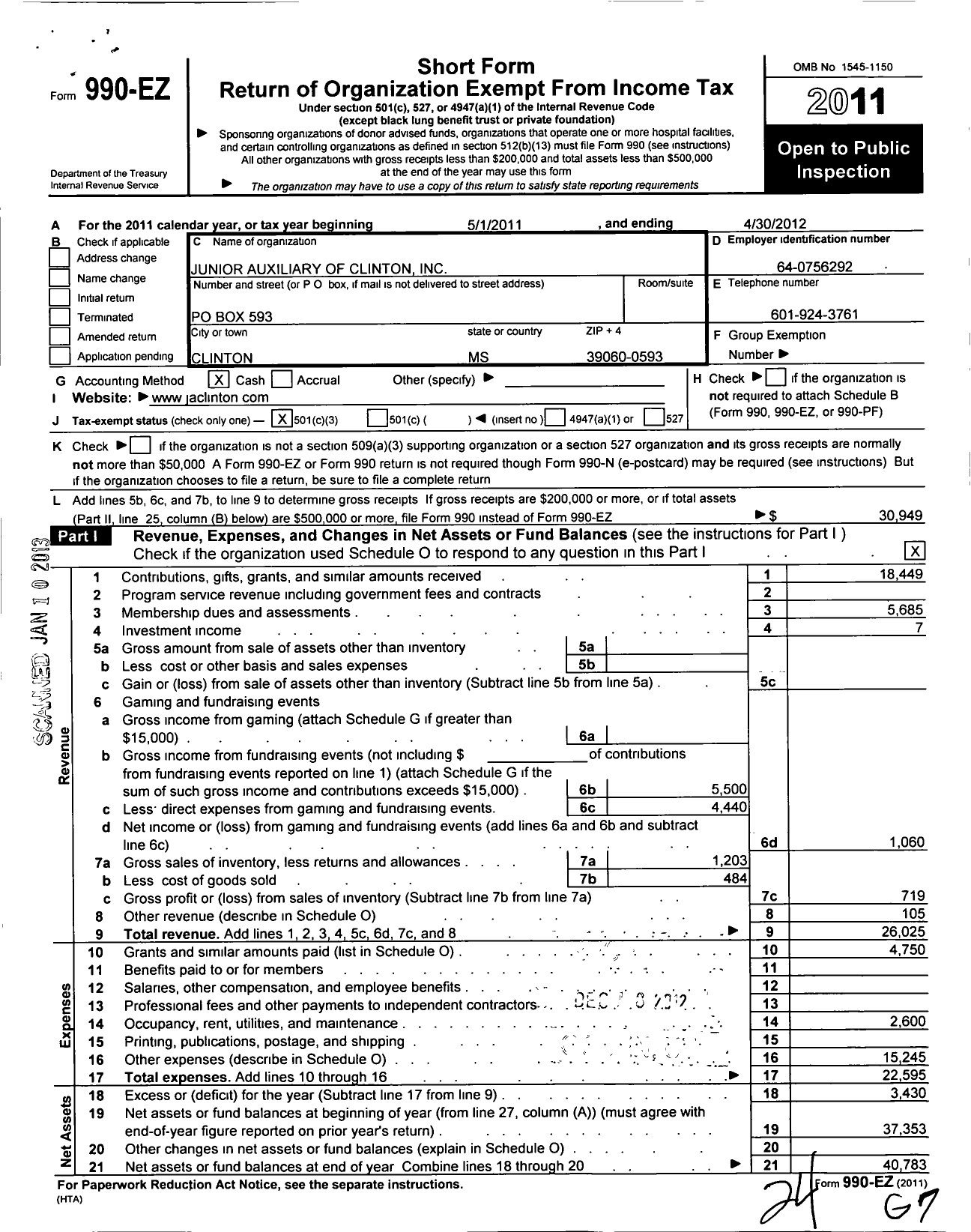 Image of first page of 2011 Form 990EZ for Junior Auxiliary of Clinton Incorporated