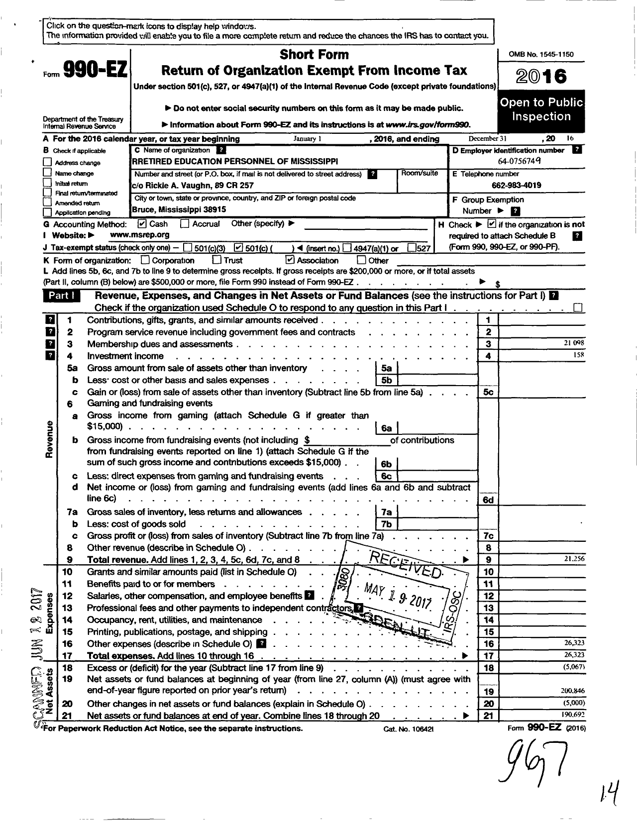 Image of first page of 2016 Form 990EO for Retired Education Personnel of Mississippi