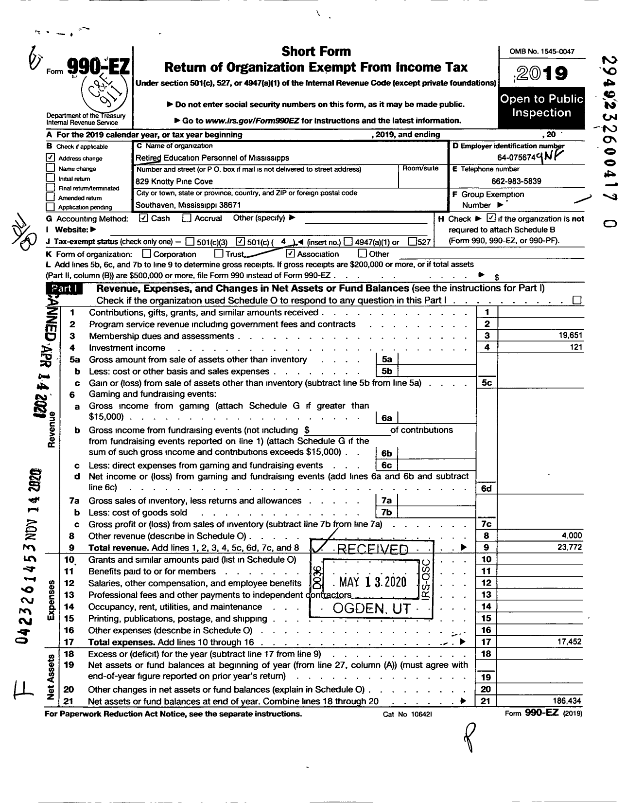 Image of first page of 2019 Form 990EO for Retired Education Personnel of Mississippi