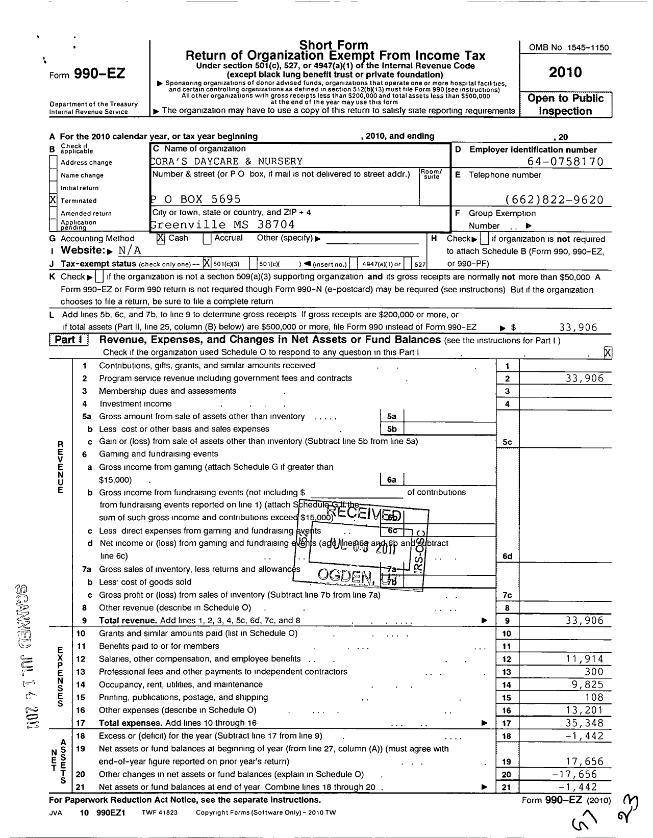 Image of first page of 2010 Form 990EZ for Coras Daycare and Nursery