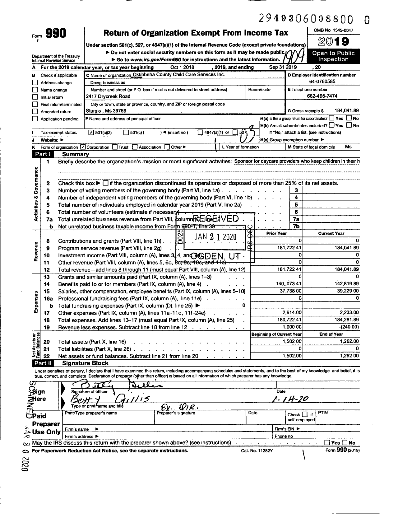 Image of first page of 2018 Form 990 for Oktibbeha County Child Care Services Incorp