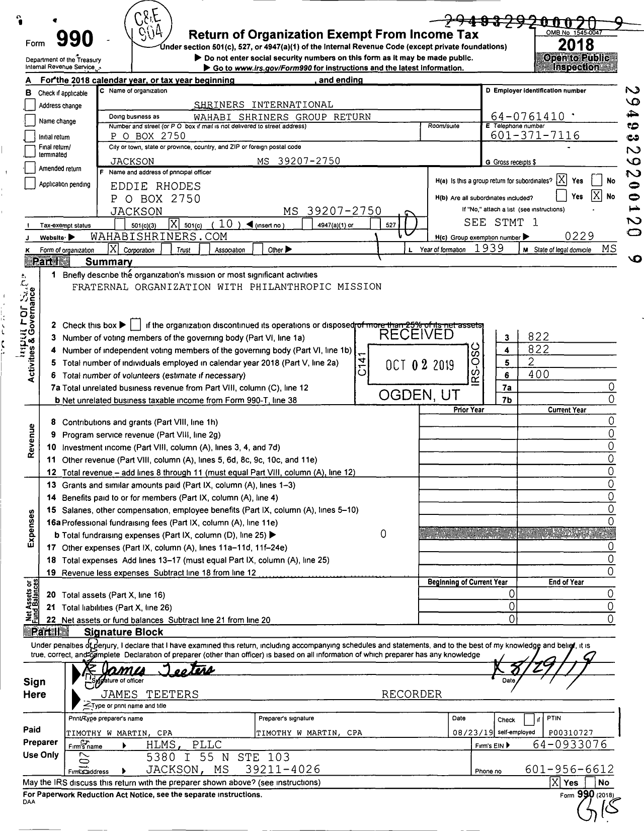 Image of first page of 2018 Form 990O for Shriners International - Wahabi Shriners Group Return