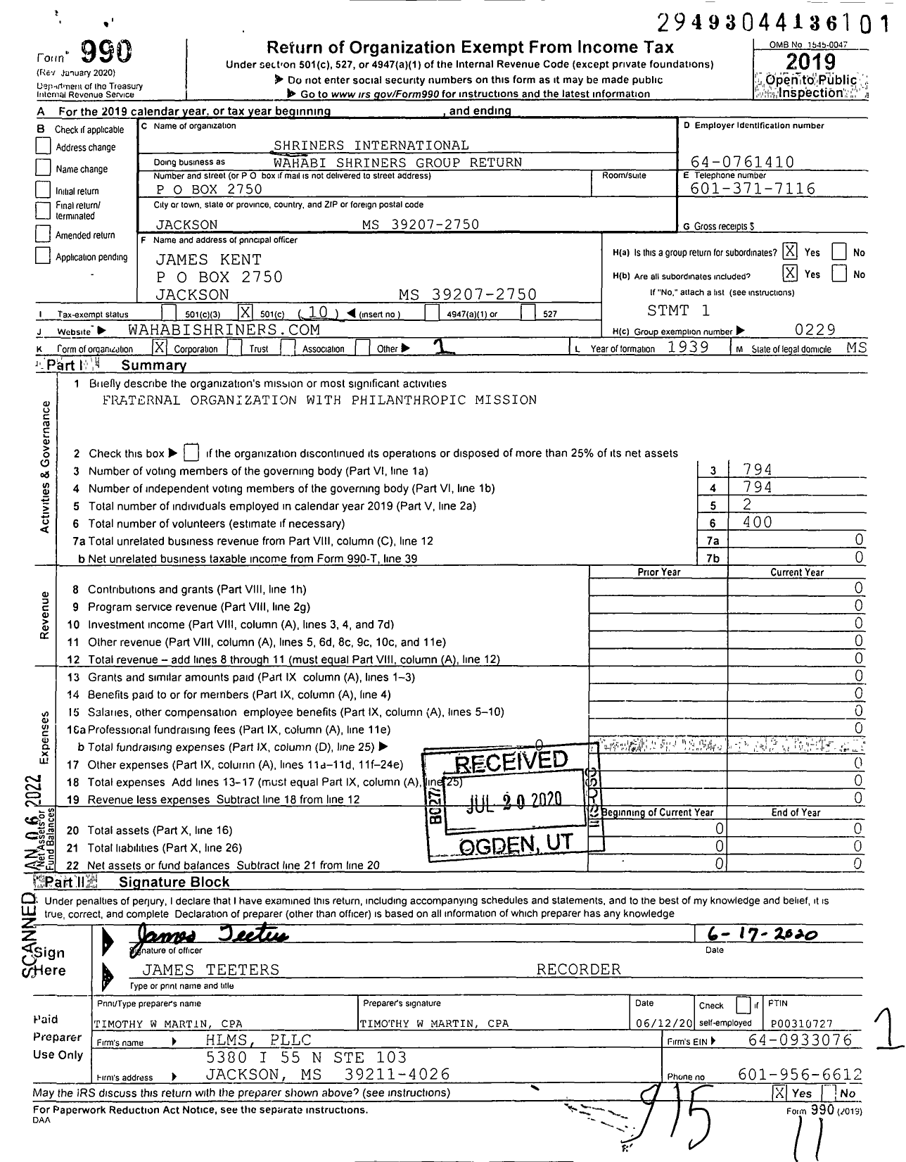 Image of first page of 2019 Form 990O for Shriners International - Wahabi Shriners Group Return