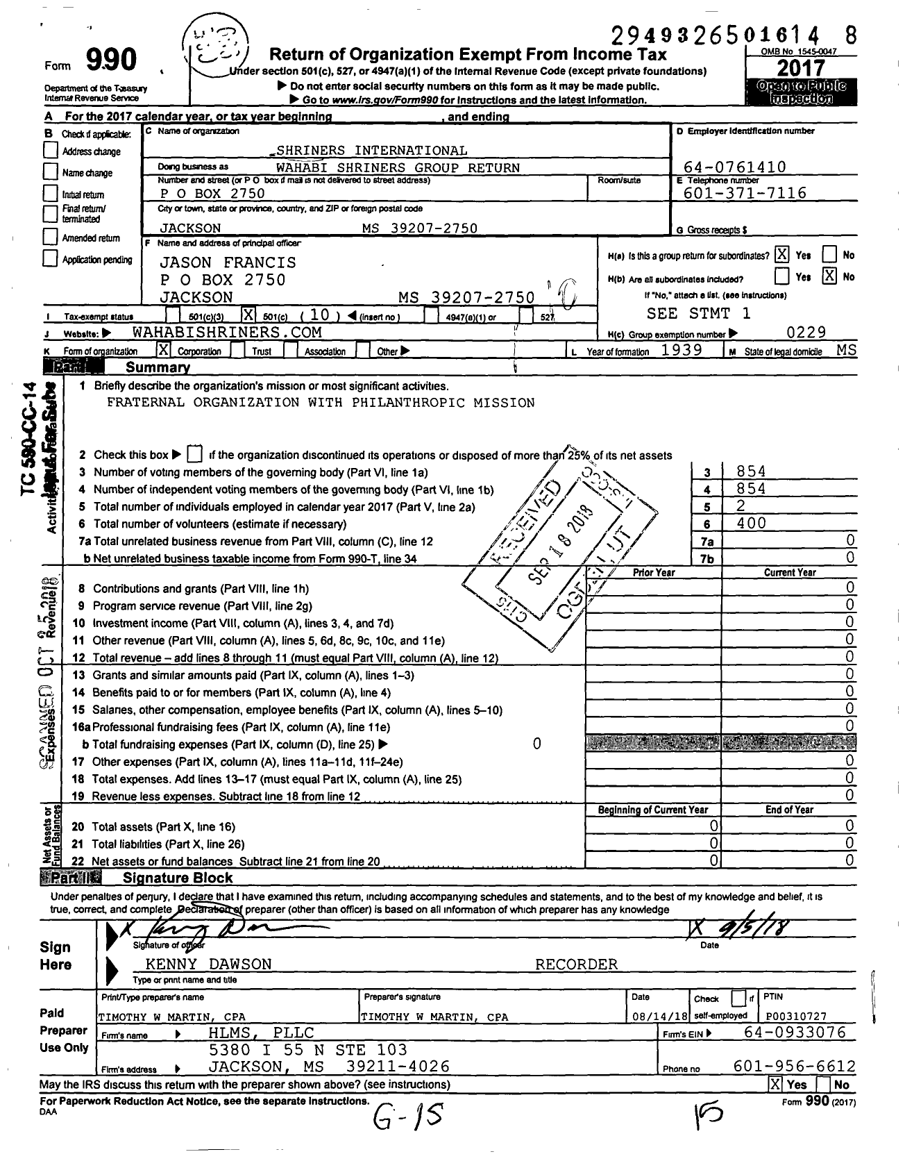 Image of first page of 2017 Form 990O for Shriners International - Wahabi Shriners Group Return