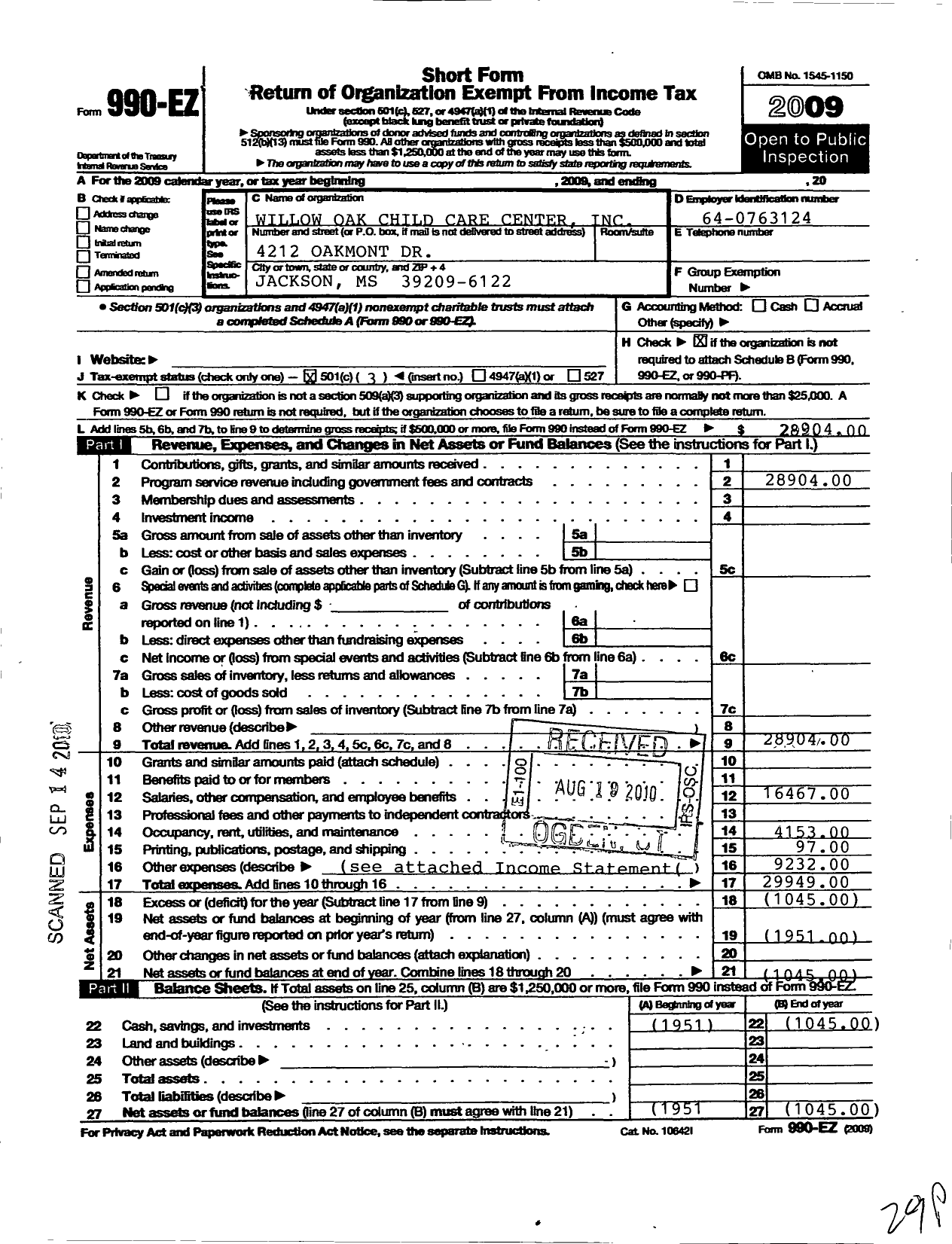 Image of first page of 2009 Form 990EZ for Willow Oak Child Care Center Incorporated