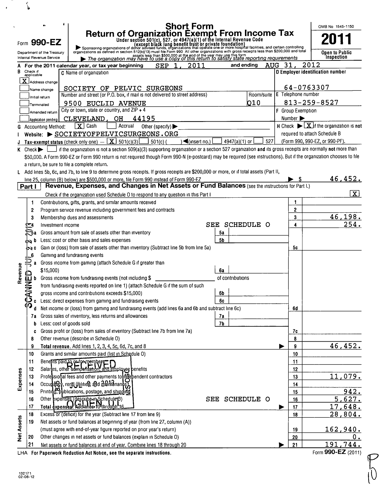 Image of first page of 2011 Form 990EZ for Society of Pelvic Surgeons