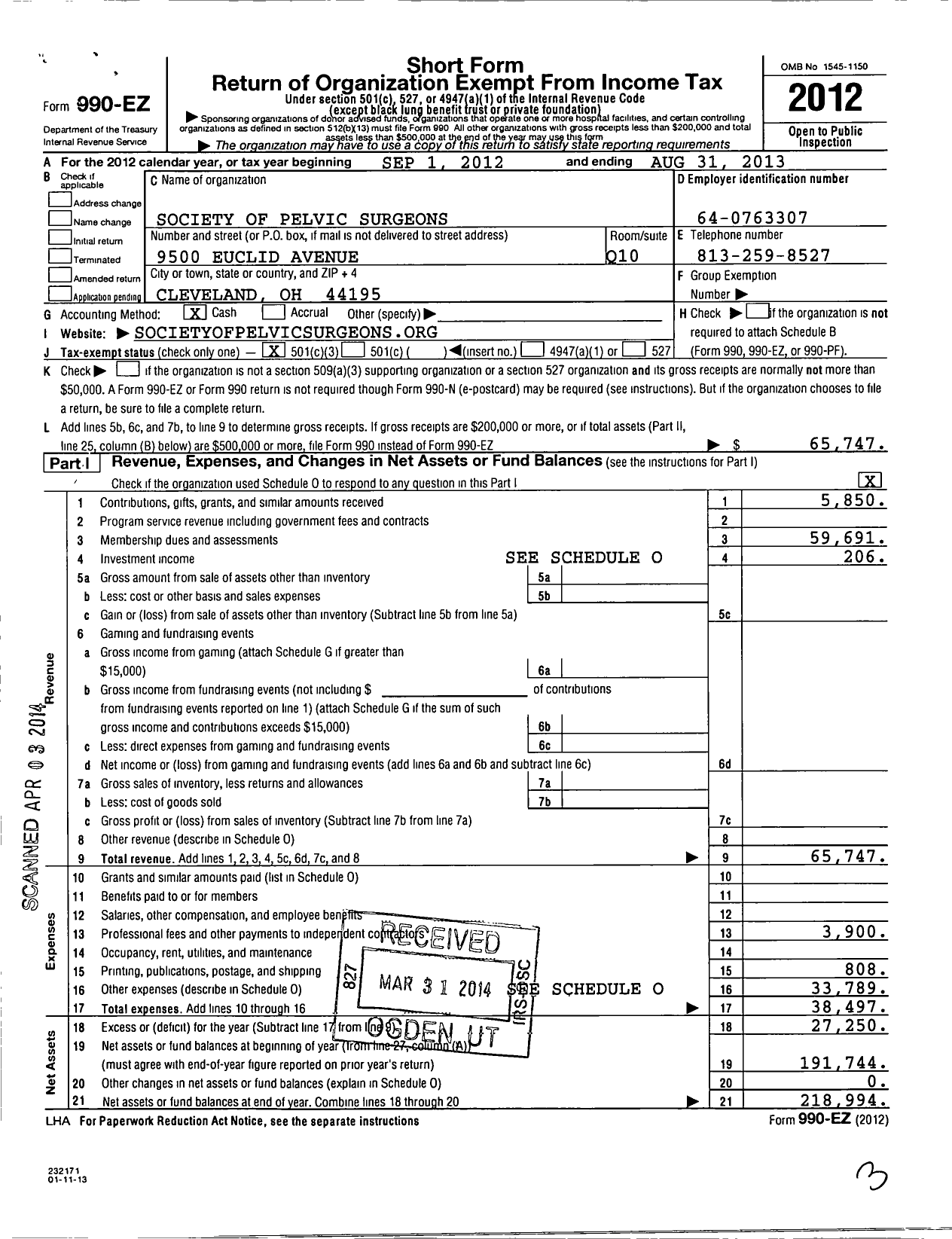 Image of first page of 2012 Form 990EZ for Society of Pelvic Surgeons