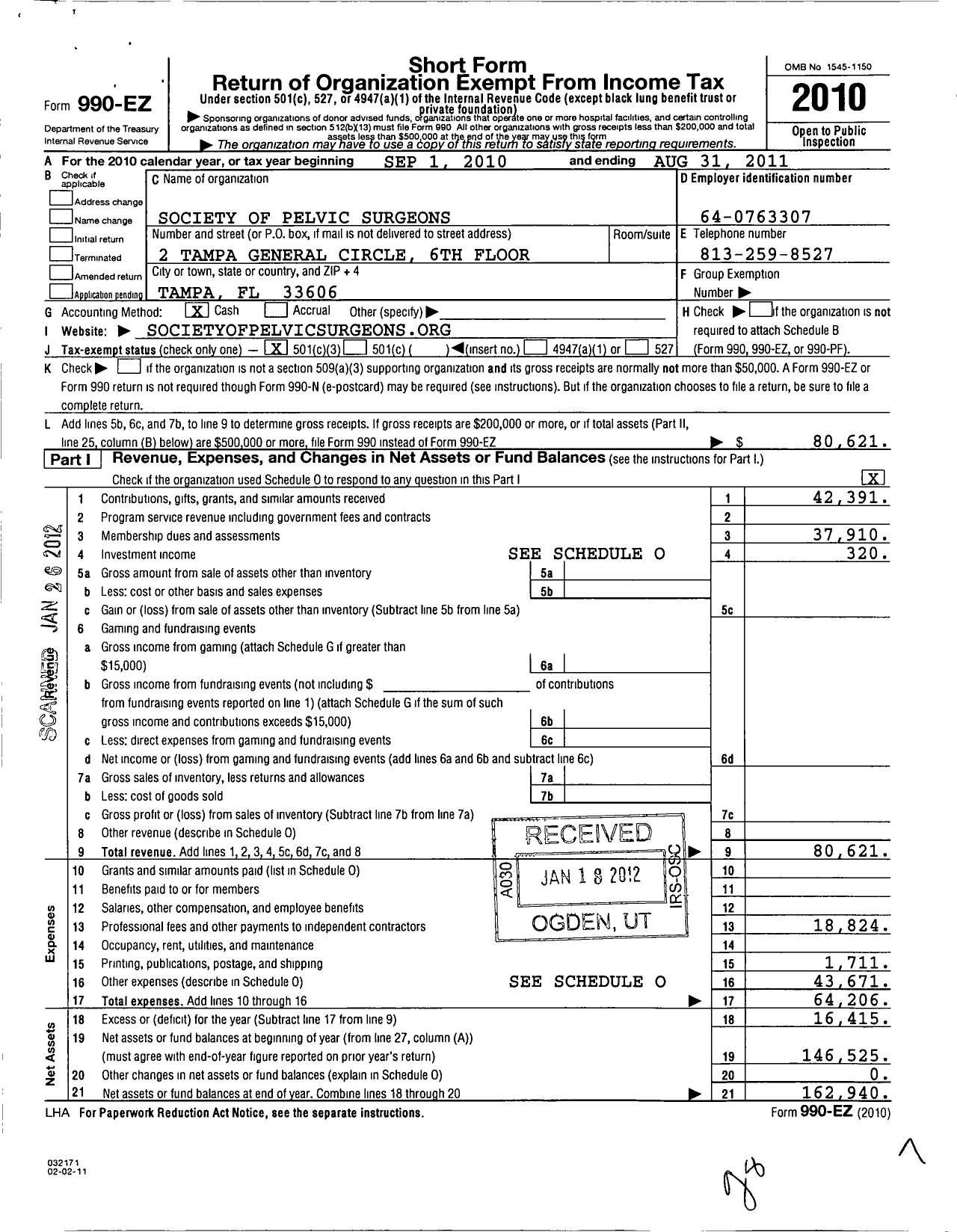 Image of first page of 2010 Form 990EZ for Society of Pelvic Surgeons