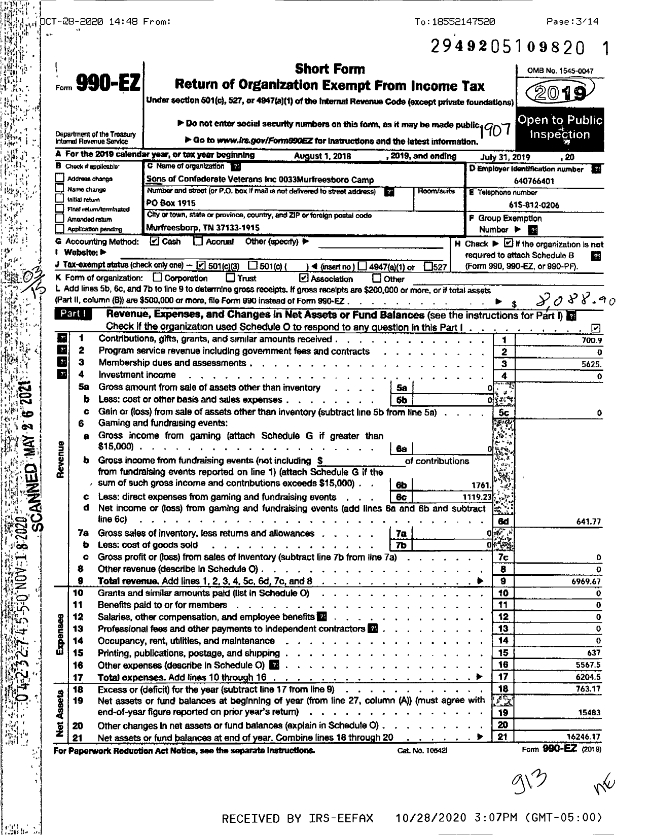 Image of first page of 2018 Form 990EZ for Sons of Confederate Veterans - 0033 Murfreesboro Camp