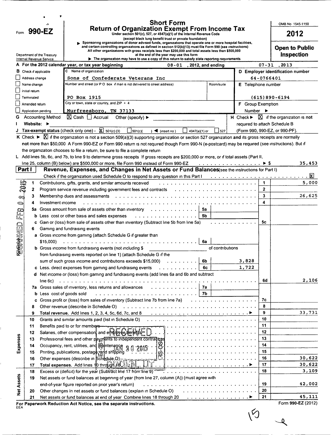 Image of first page of 2012 Form 990EZ for Sons of Confederate Veterans - 0033 Murfreesboro Camp