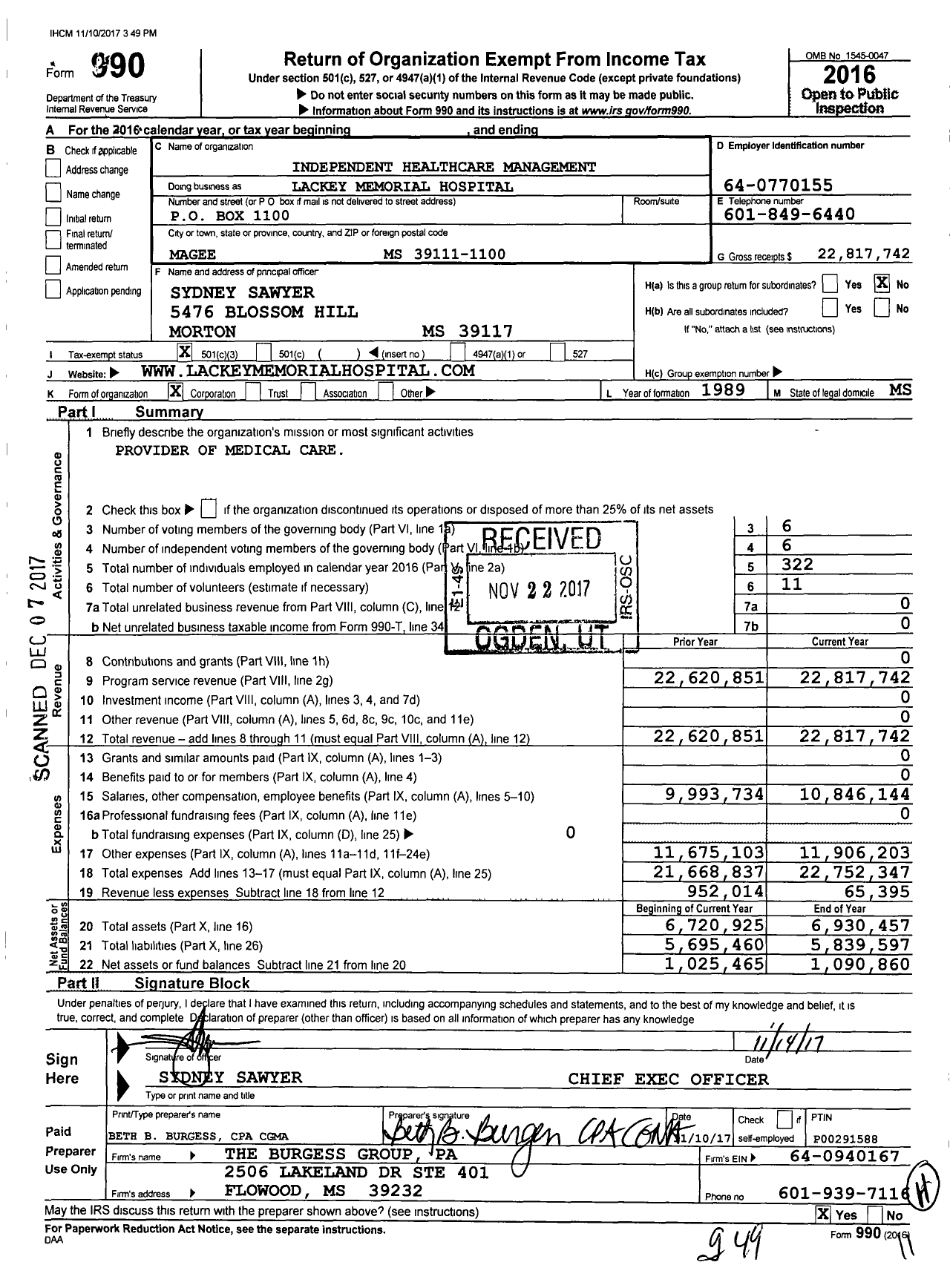 Image of first page of 2016 Form 990 for Lackey Memorial Hospital
