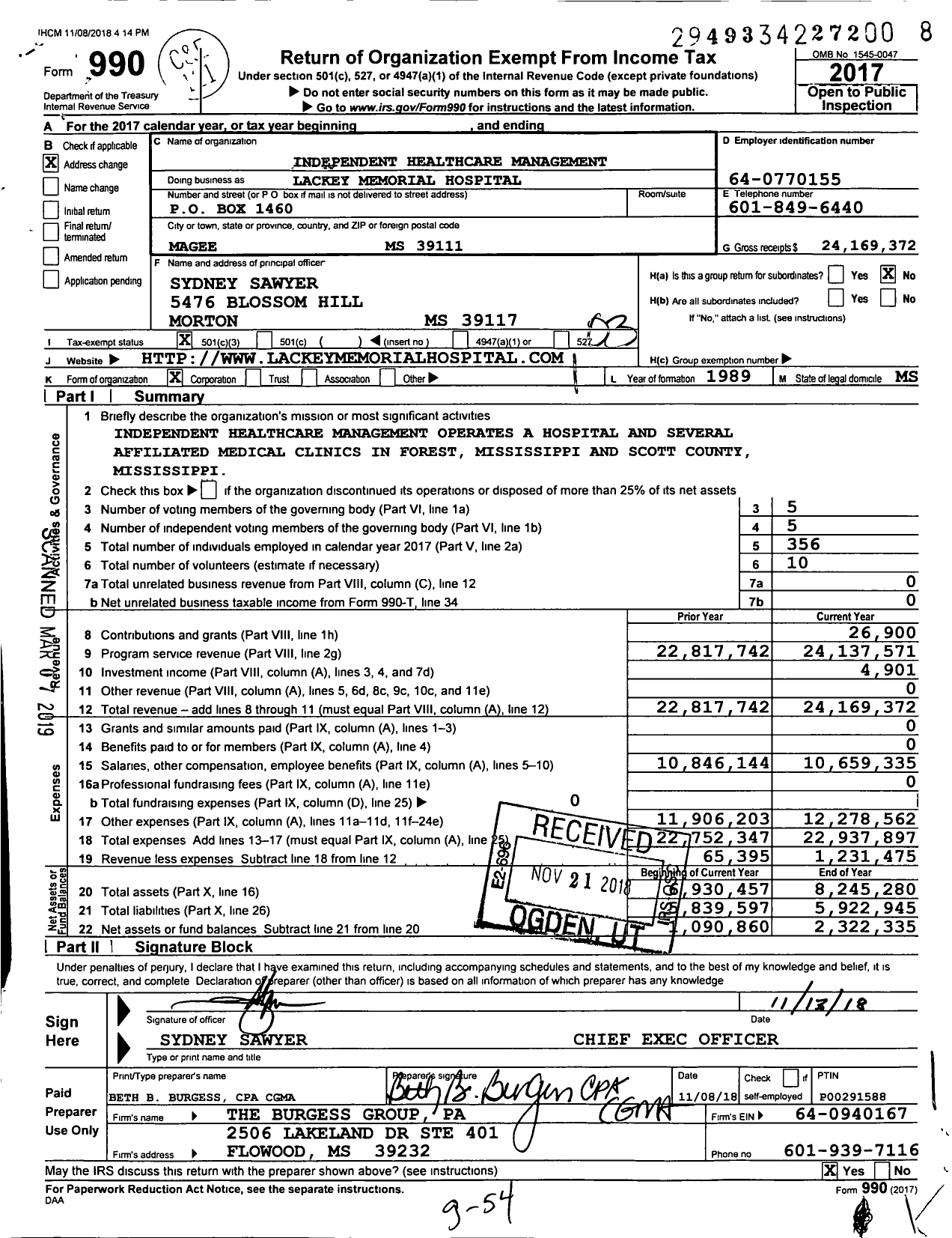 Image of first page of 2017 Form 990 for Lackey Memorial Hospital