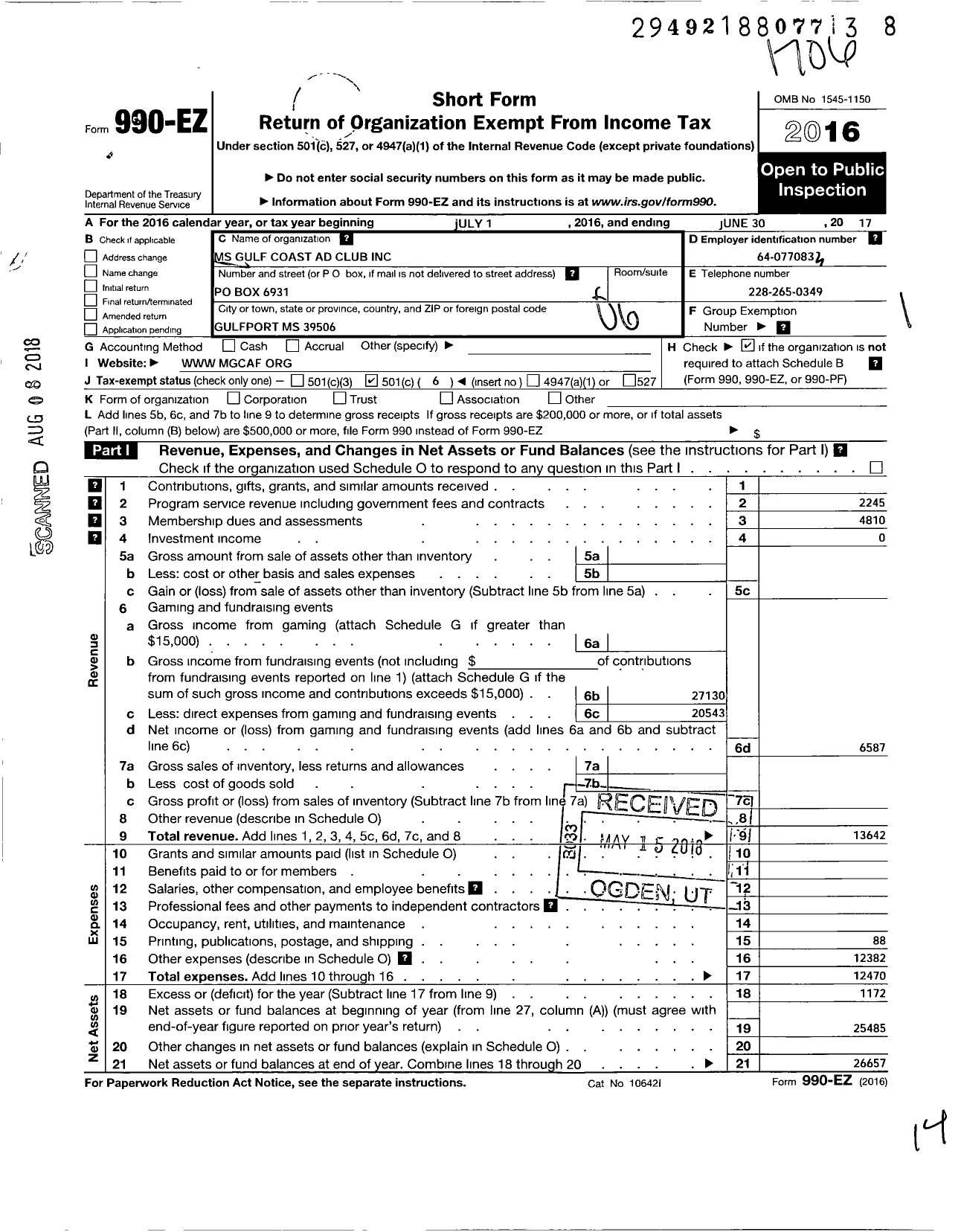 Image of first page of 2016 Form 990EO for Mississippi Gulf Coast Ad Club