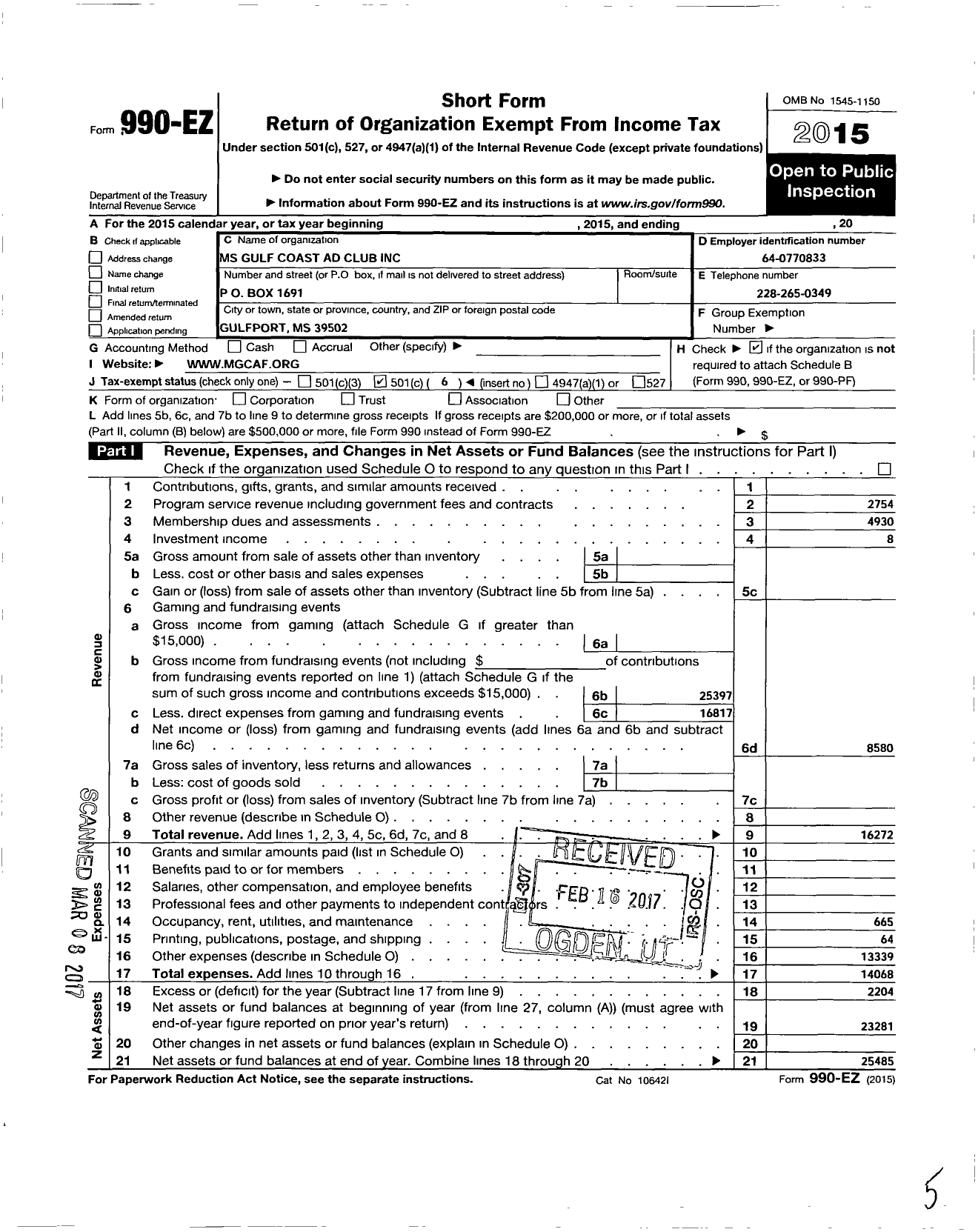 Image of first page of 2015 Form 990EO for Mississippi Gulf Coast Ad Club