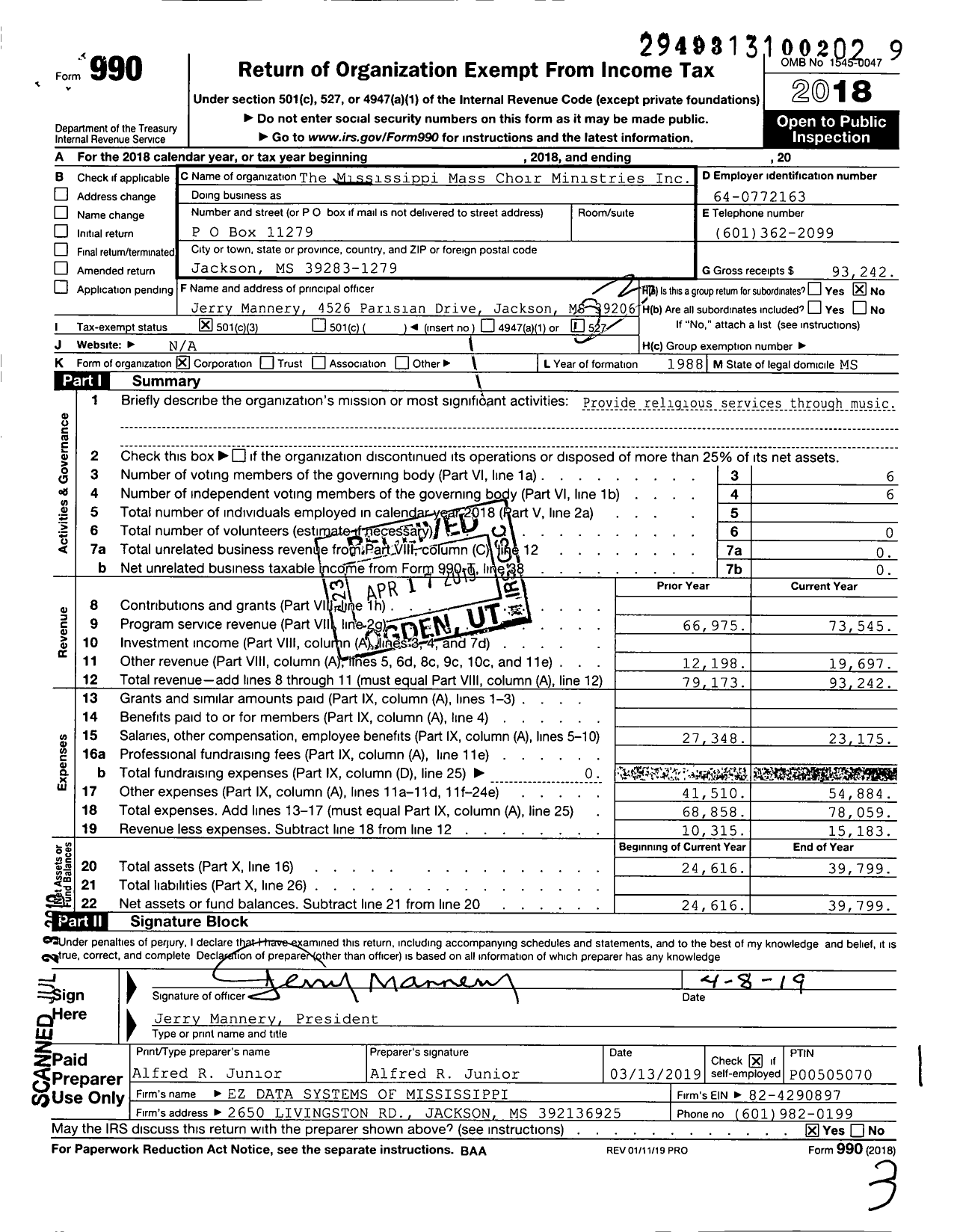 Image of first page of 2018 Form 990 for The Mississippi Mass Choir Ministries