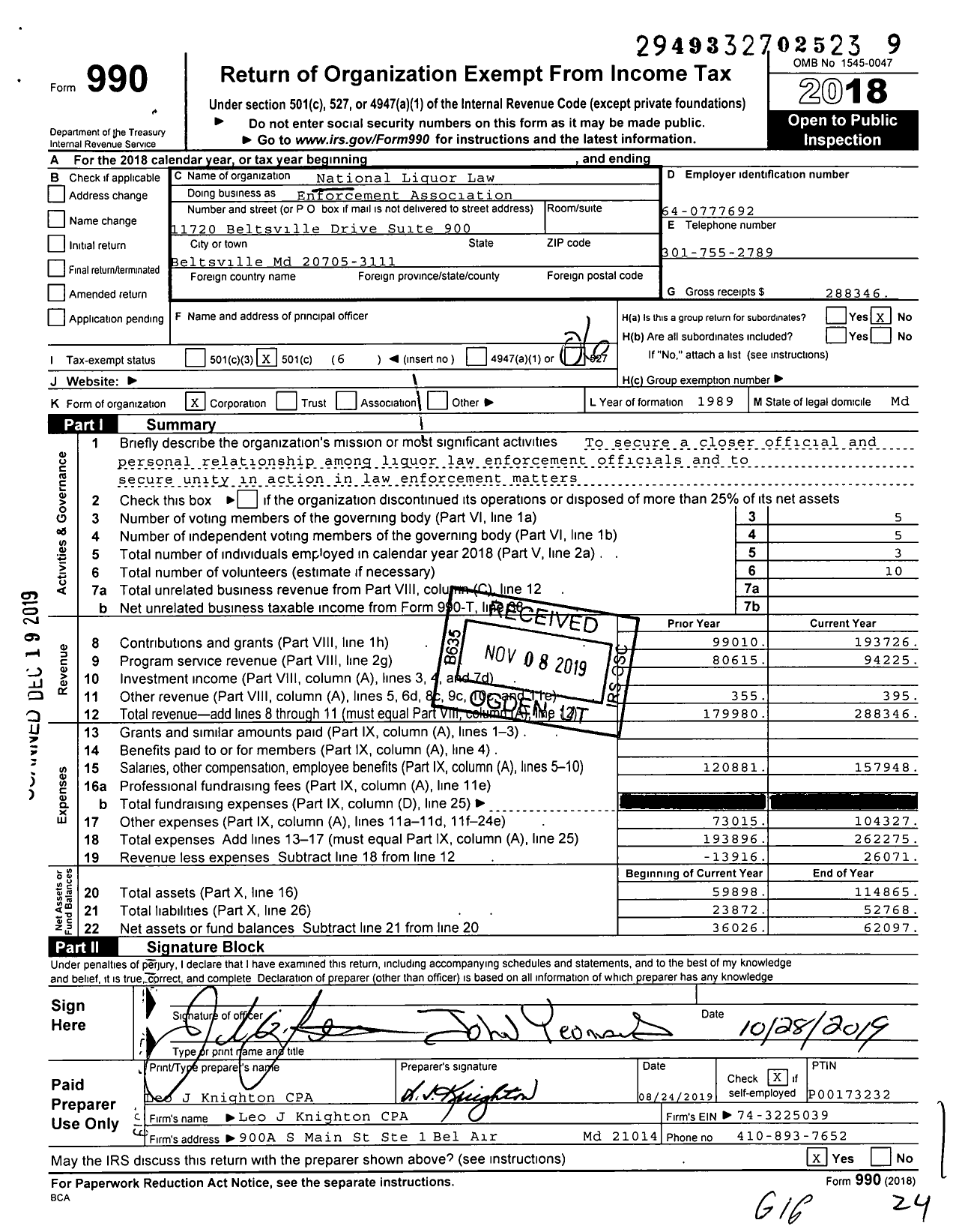 Image of first page of 2018 Form 990O for NATIONAL LIQuoR LAW Enforcement