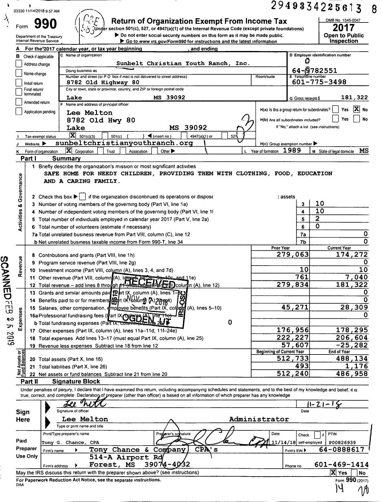 Image of first page of 2017 Form 990 for Sunbelt Christian Youth Ranch