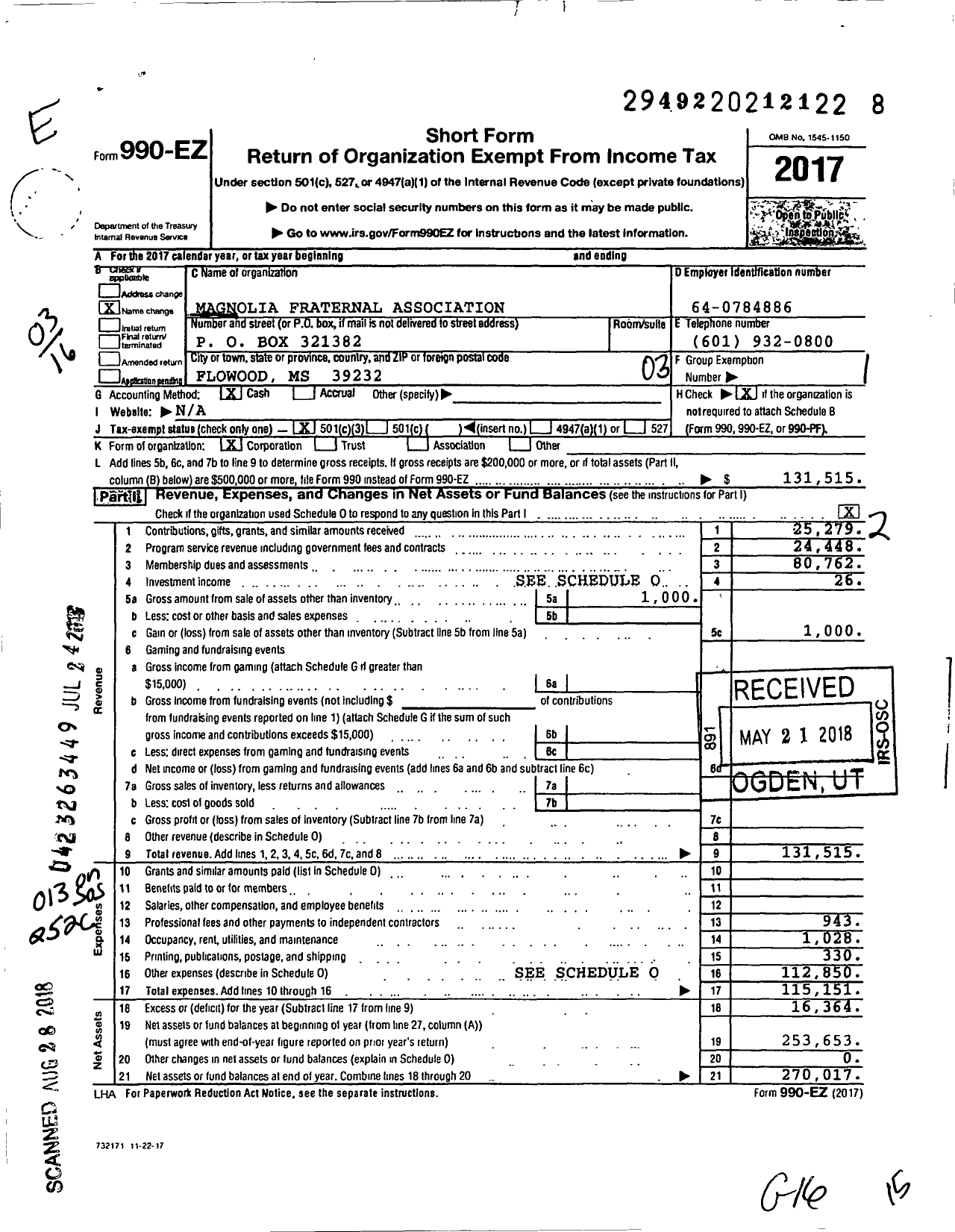 Image of first page of 2017 Form 990EZ for Magnolia Fraternal Association