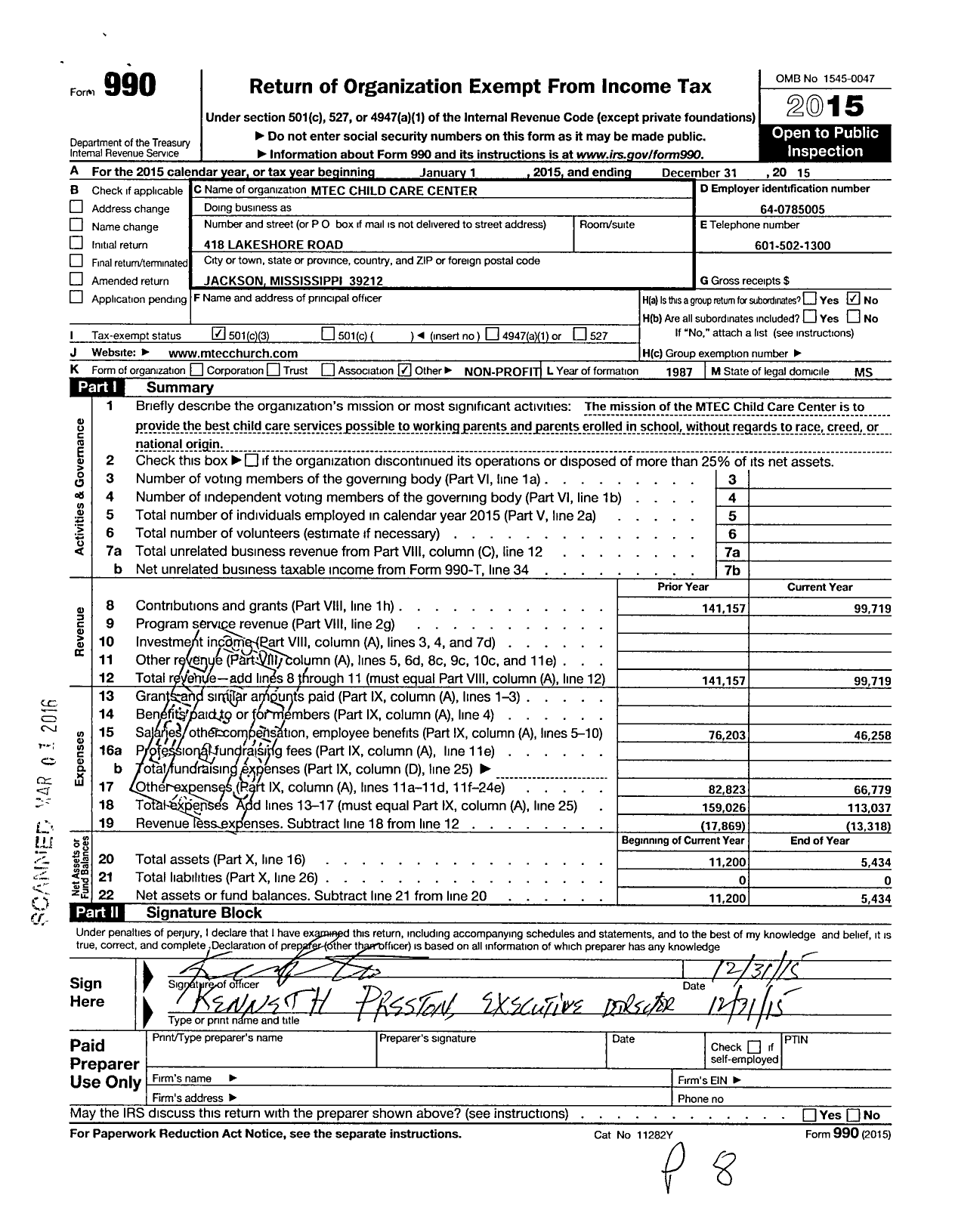 Image of first page of 2015 Form 990 for Mtec Child Care Center