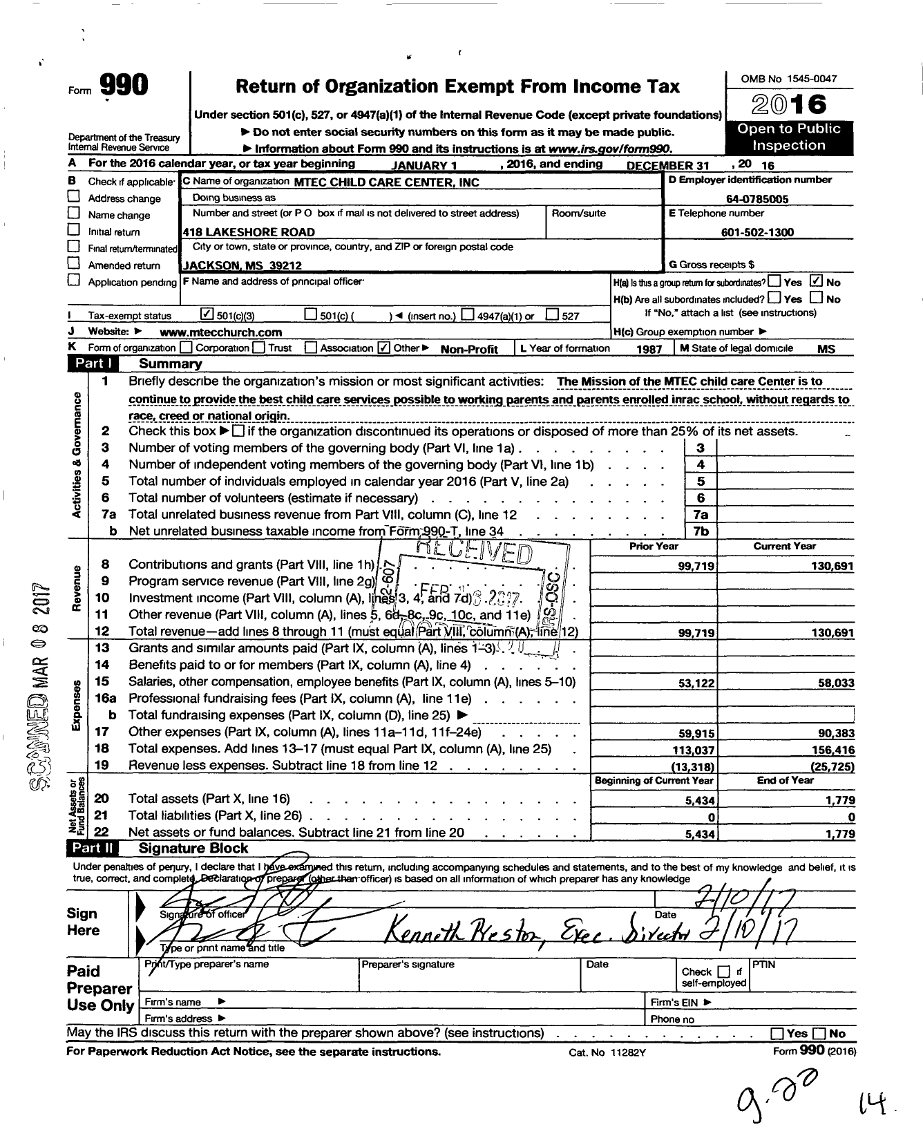 Image of first page of 2016 Form 990 for Mtec Child Care Center