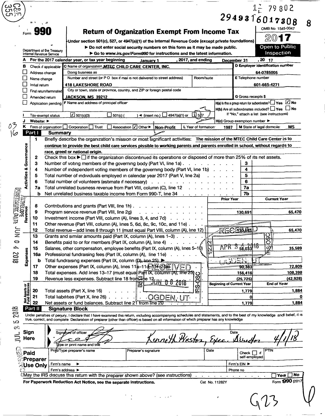 Image of first page of 2017 Form 990 for Mtec Child Care Center