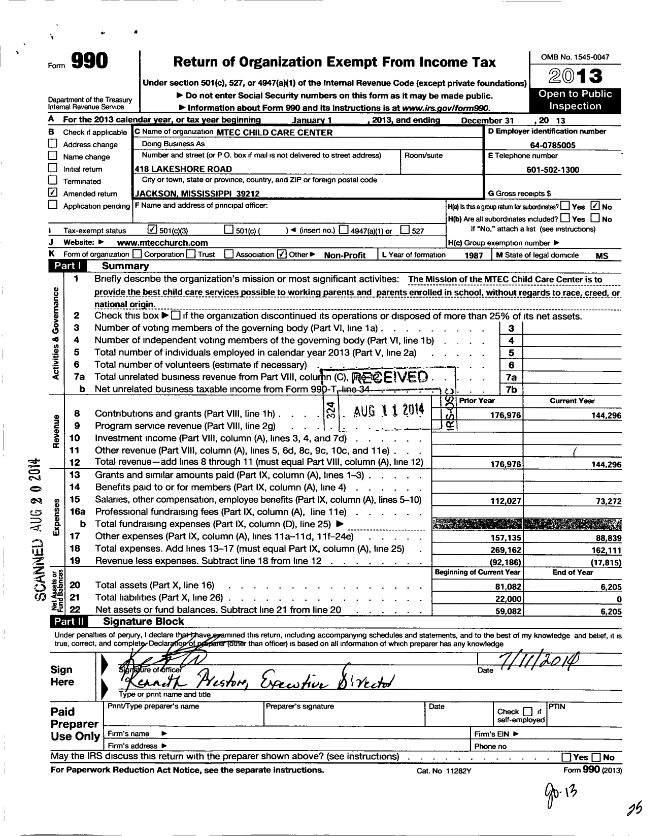 Image of first page of 2013 Form 990 for Mtec Child Care Center