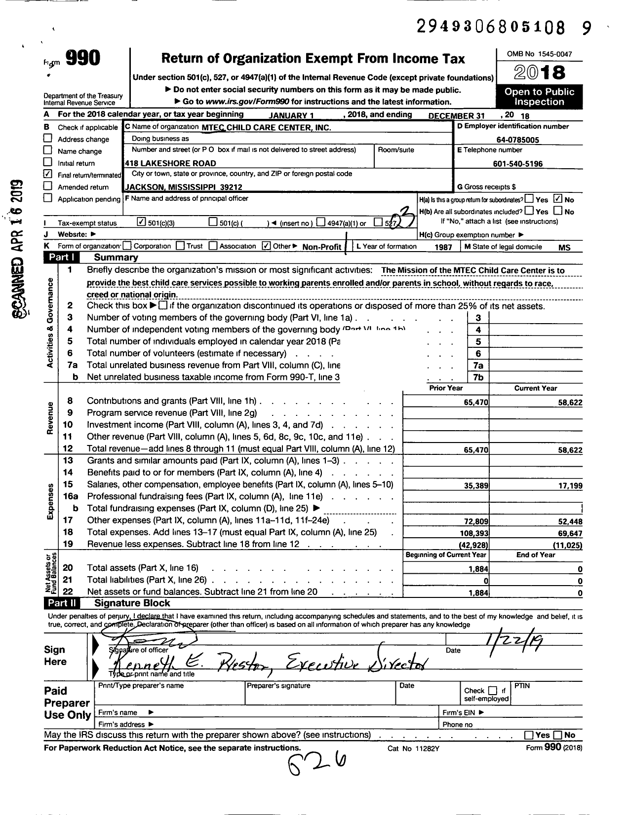 Image of first page of 2018 Form 990 for Mtec Child Care Center