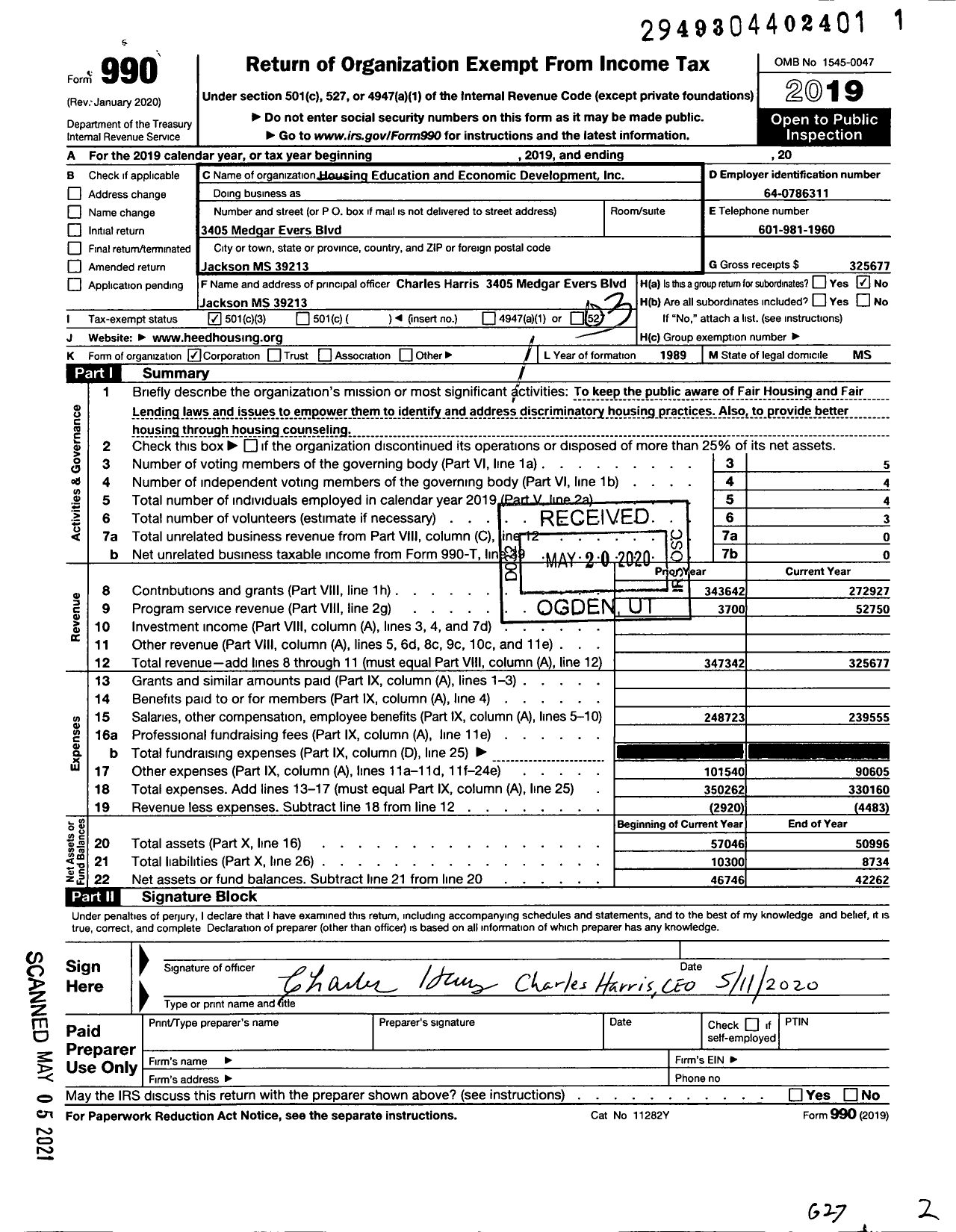 Image of first page of 2019 Form 990 for Housing Education and Economic Development