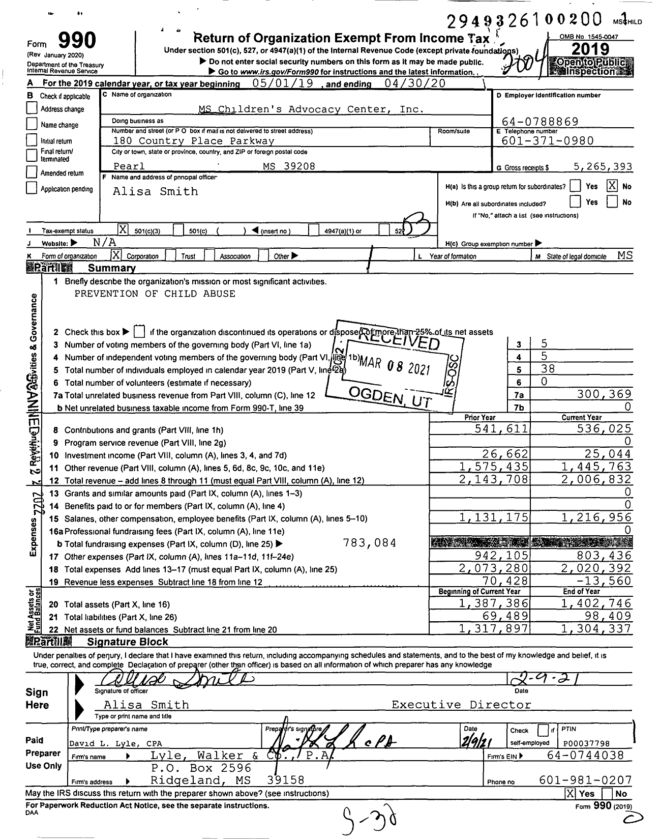 Image of first page of 2019 Form 990 for Mississippi Childrens Advocacy Center (MSCAC)