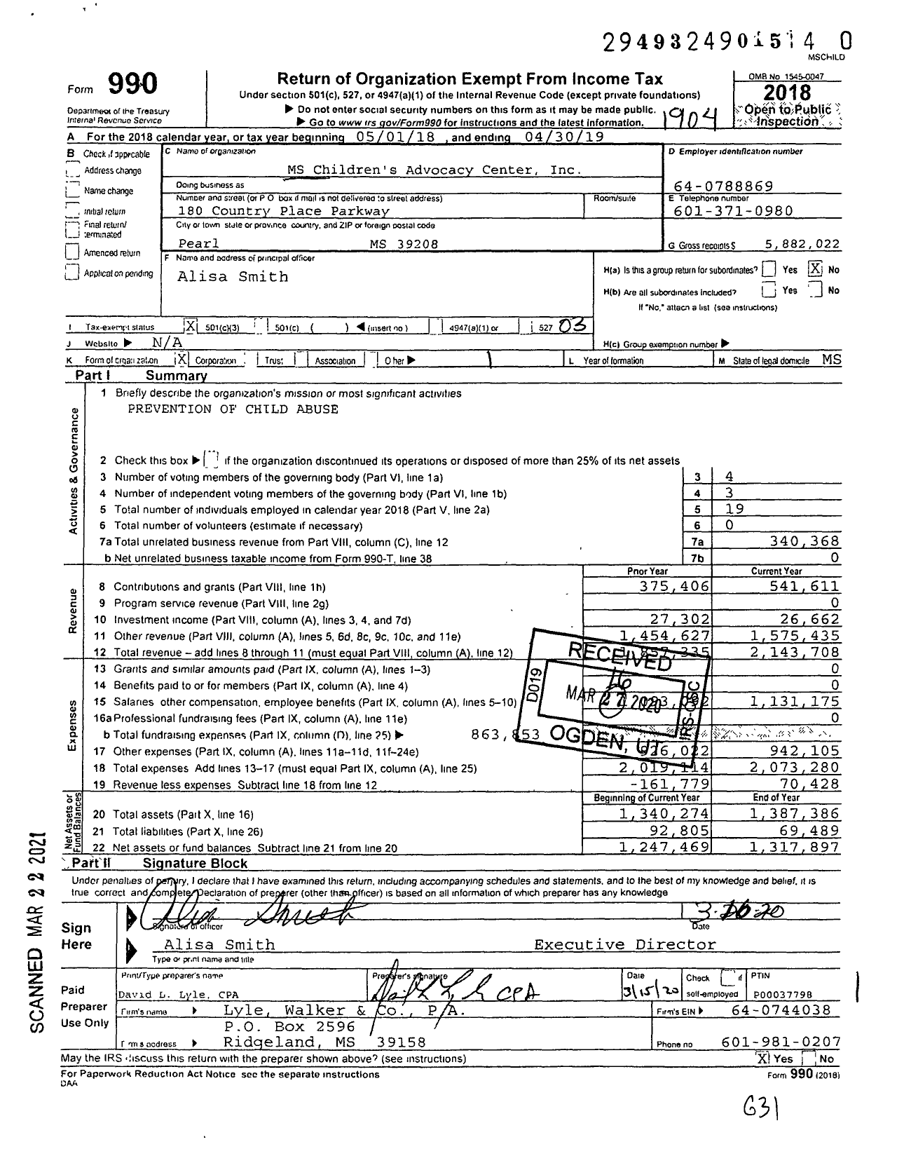 Image of first page of 2018 Form 990 for Mississippi Childrens Advocacy Center (MSCAC)