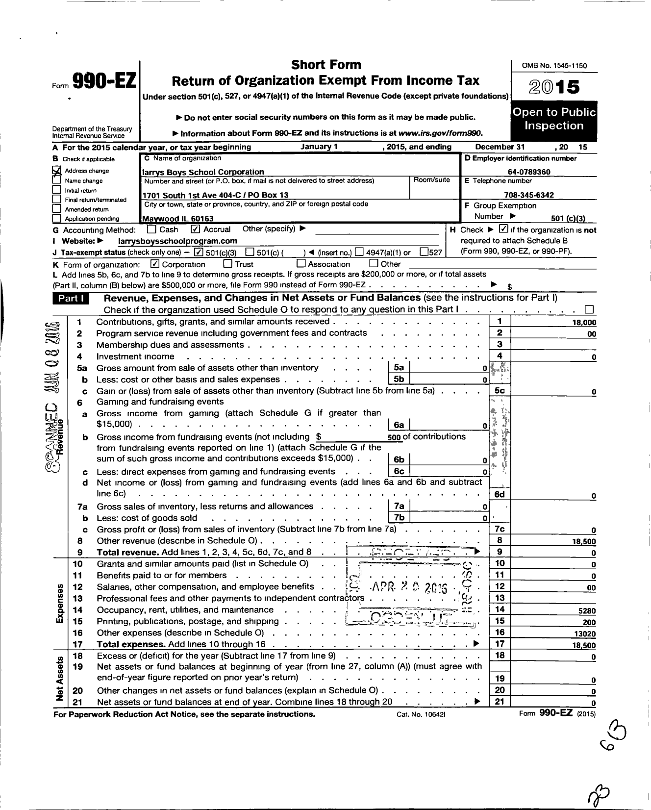 Image of first page of 2015 Form 990EZ for Larrys Boys School Corporation