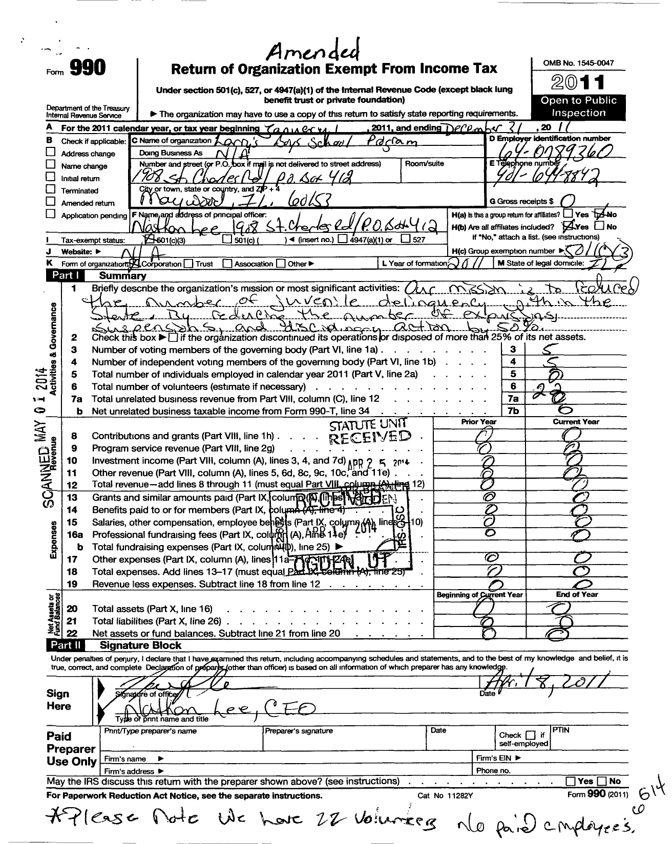 Image of first page of 2011 Form 990 for Larrys Boys School Corporation