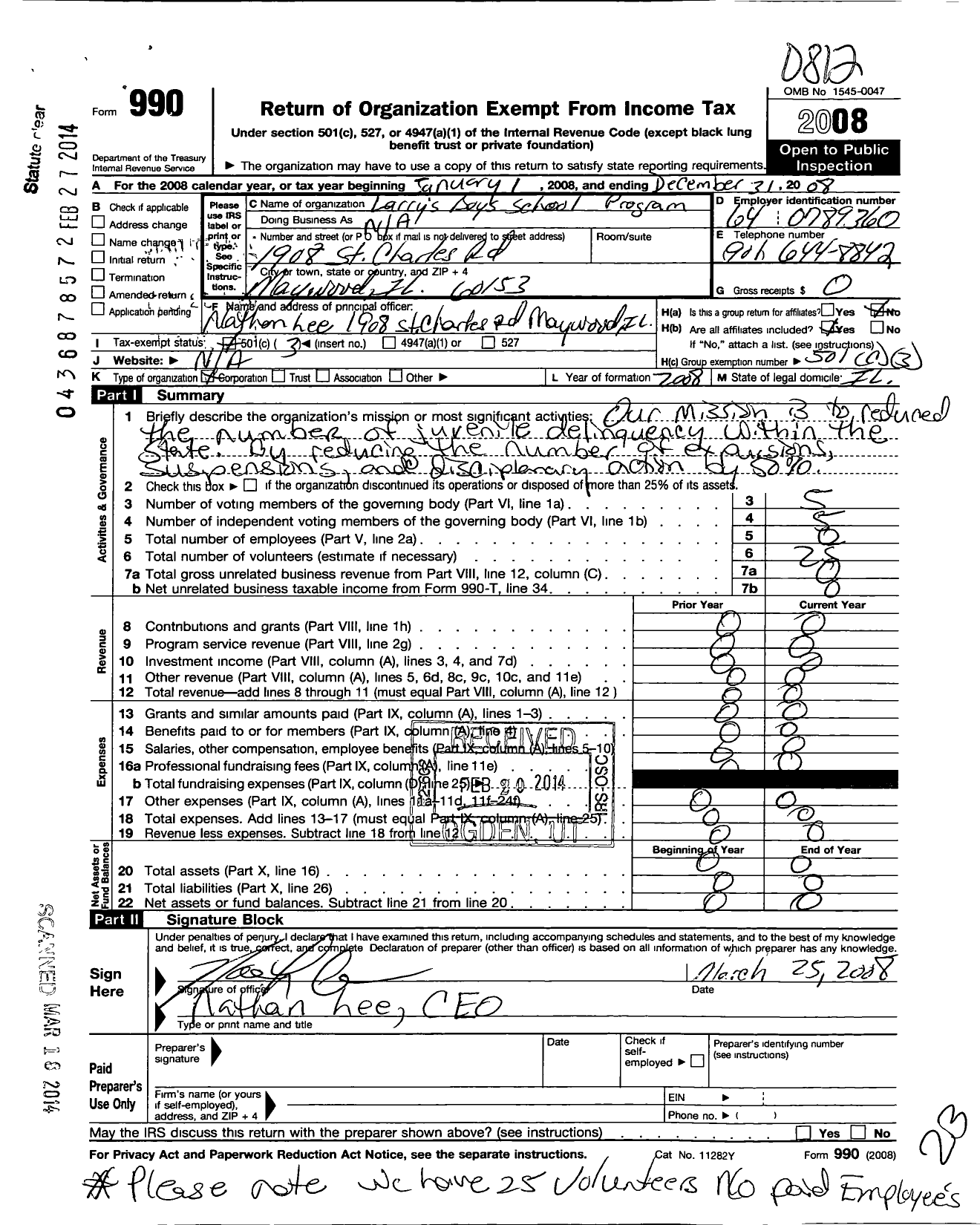 Image of first page of 2008 Form 990 for Larrys Boys School Corporation