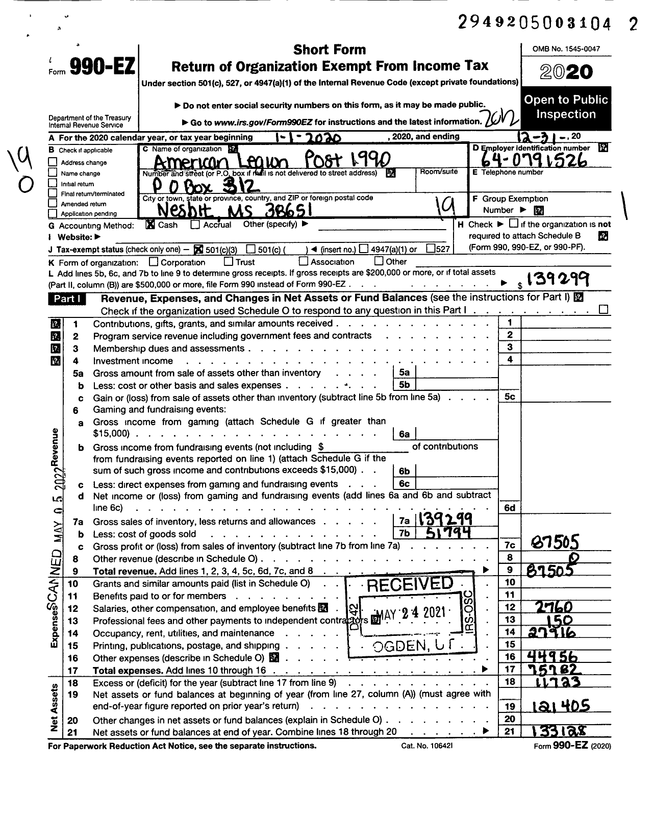 Image of first page of 2020 Form 990EO for American Legion - 1990 Desoto