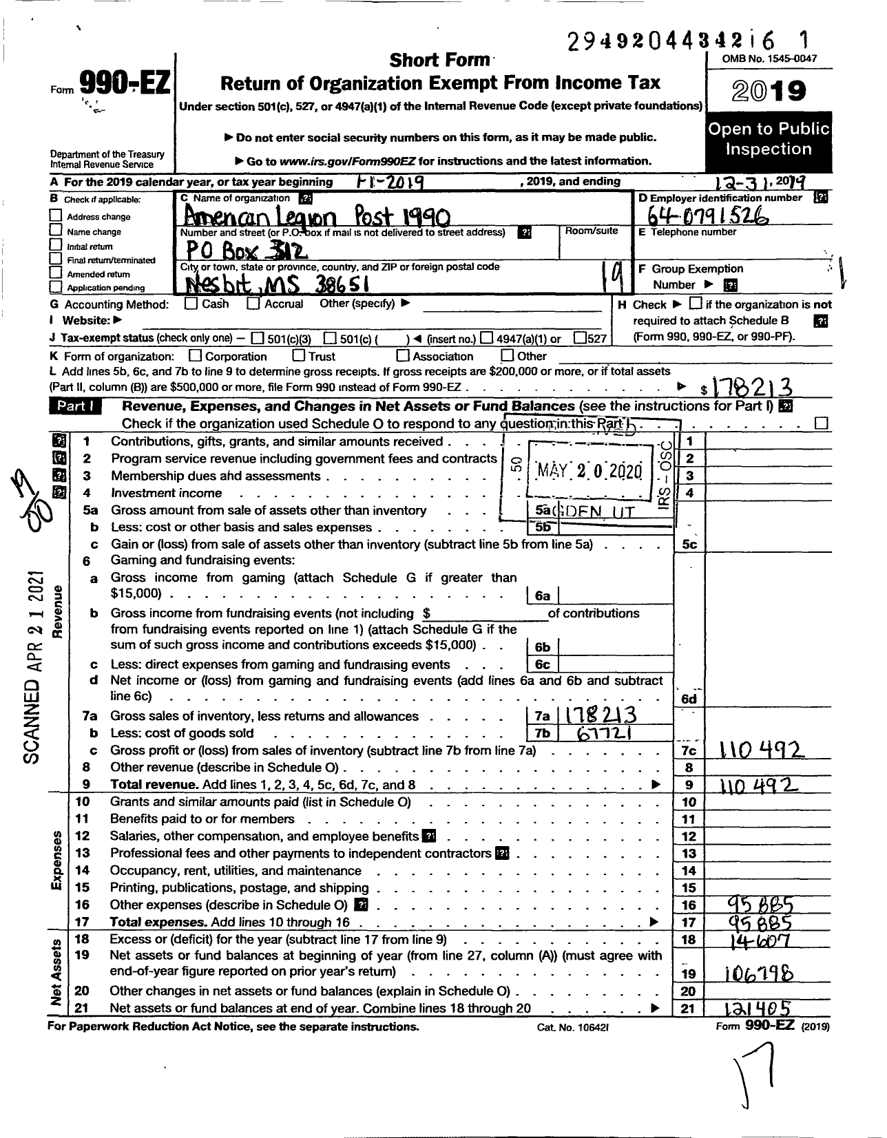 Image of first page of 2019 Form 990EO for American Legion - 1990 Desoto