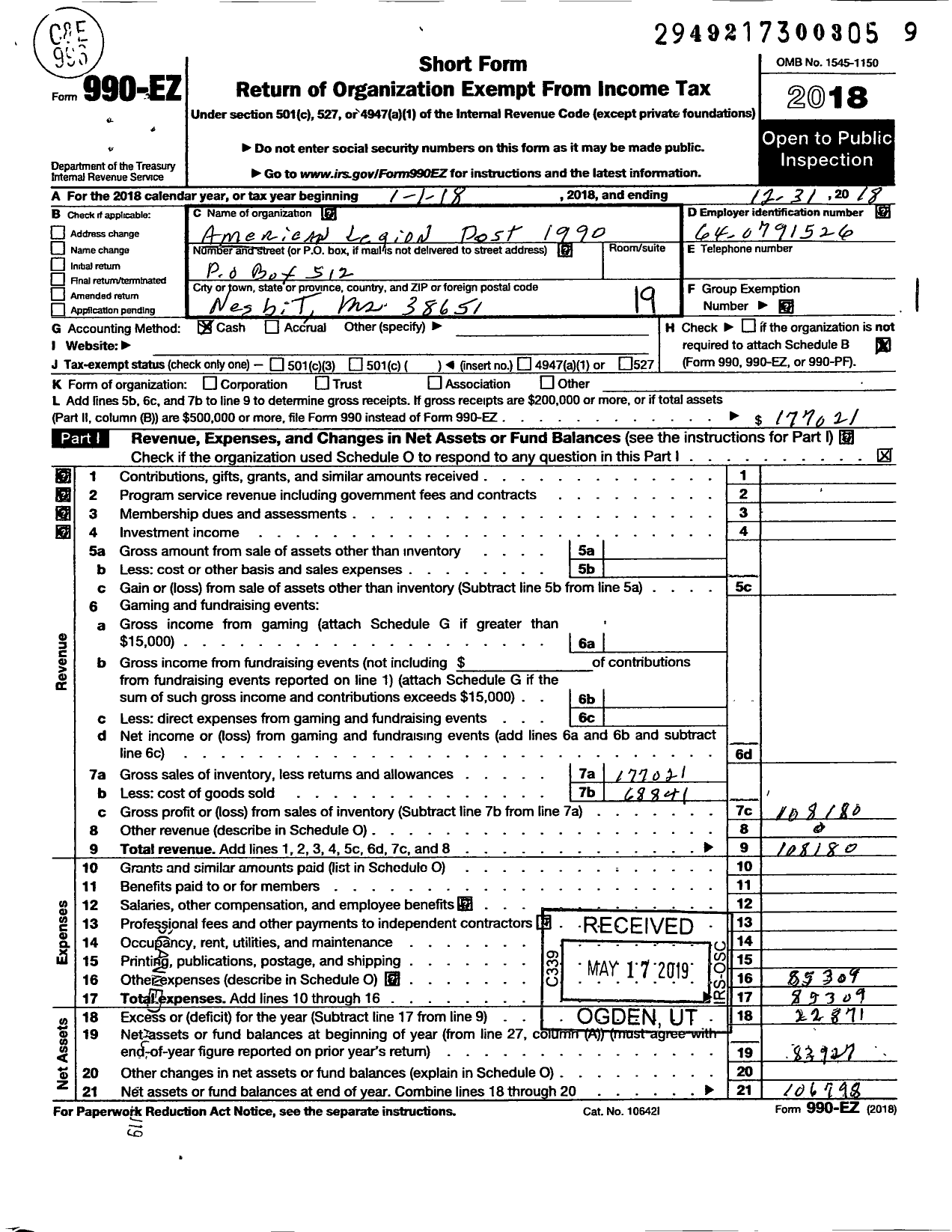 Image of first page of 2018 Form 990EO for American Legion - 1990 Desoto