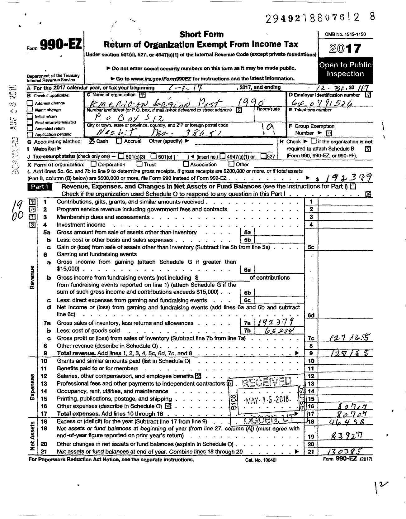 Image of first page of 2017 Form 990EO for American Legion - 1990 Desoto