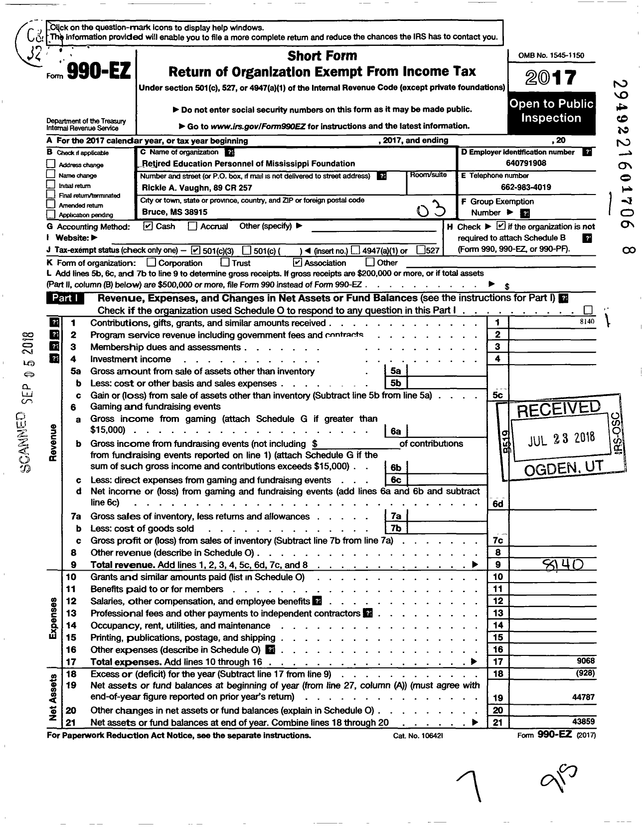 Image of first page of 2017 Form 990EZ for Retired Education Personnel of Mississippi Foundation