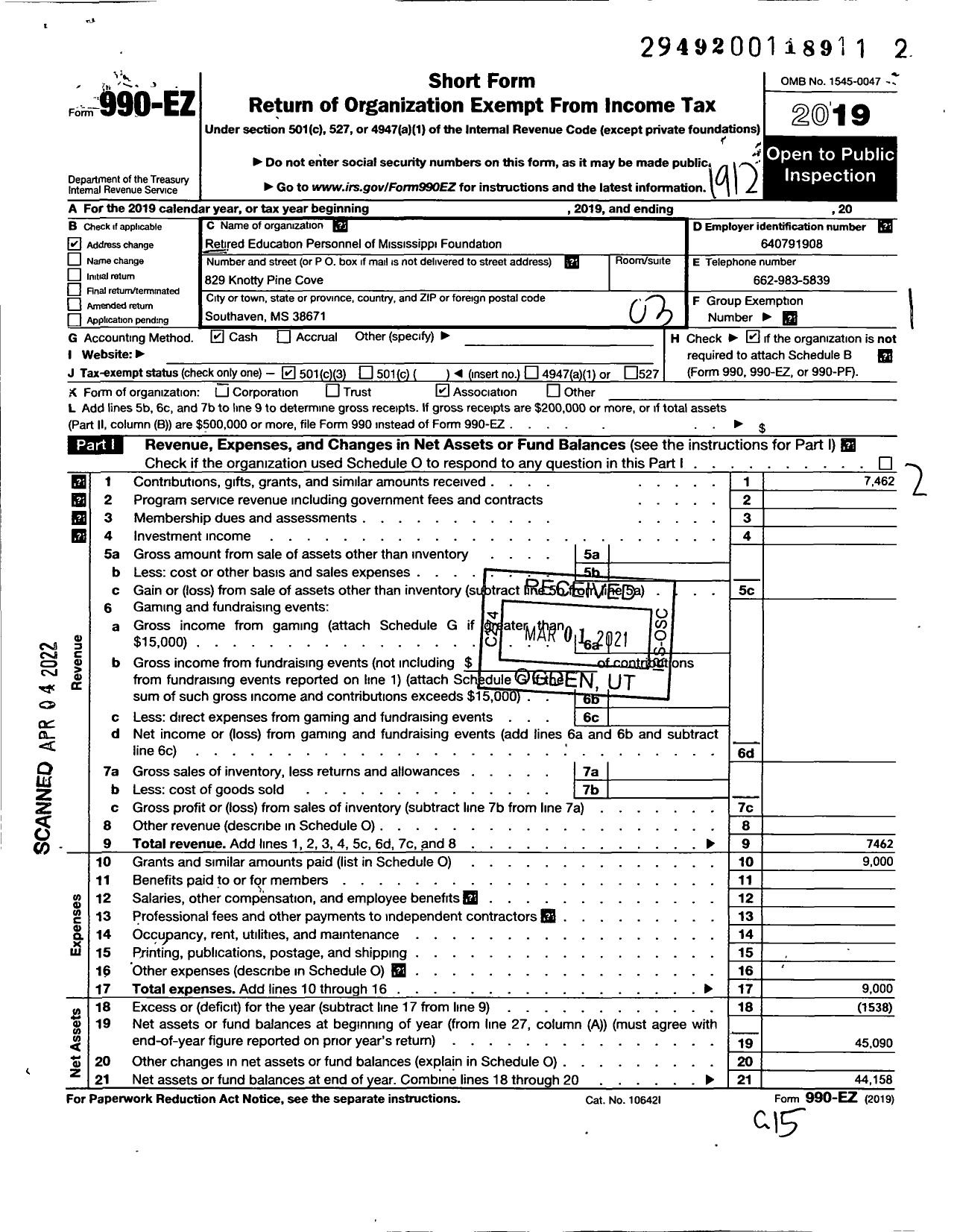 Image of first page of 2019 Form 990EZ for Retired Education Personnel of Mississippi Foundation