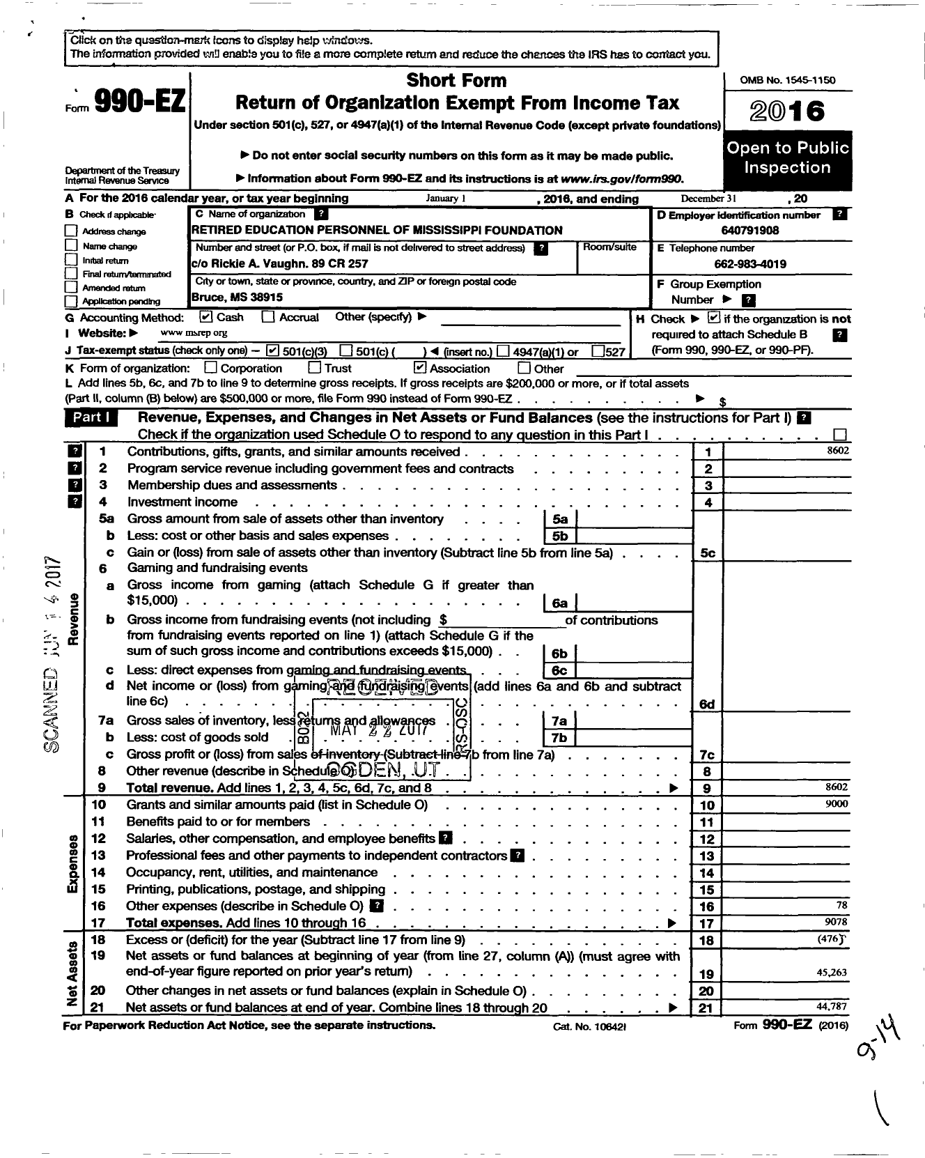 Image of first page of 2016 Form 990EZ for Retired Education Personnel of Mississippi Foundation