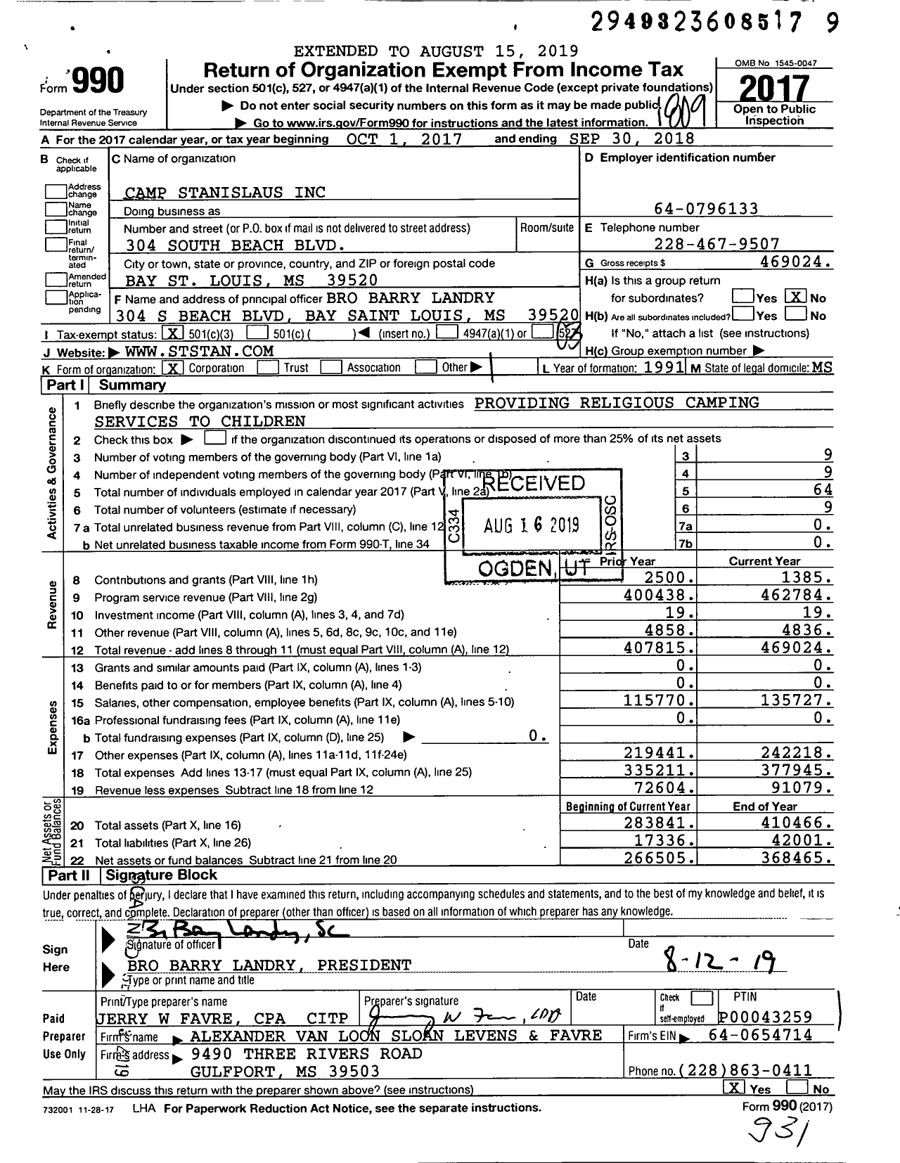 Image of first page of 2017 Form 990 for Camp Stanislaus