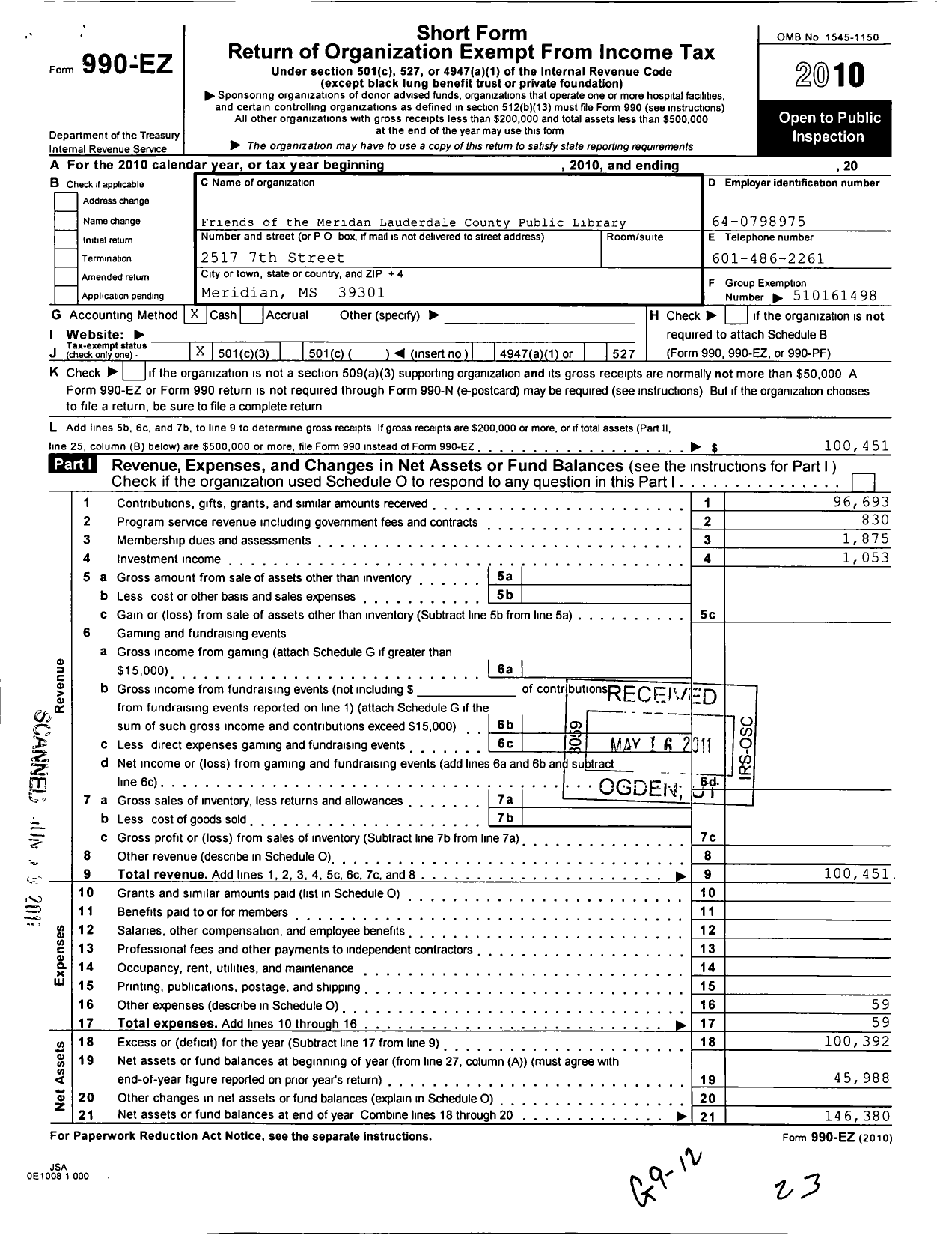 Image of first page of 2010 Form 990EZ for Friends of Mississippi Libraries / Friends of the Meridian-Lauderdale