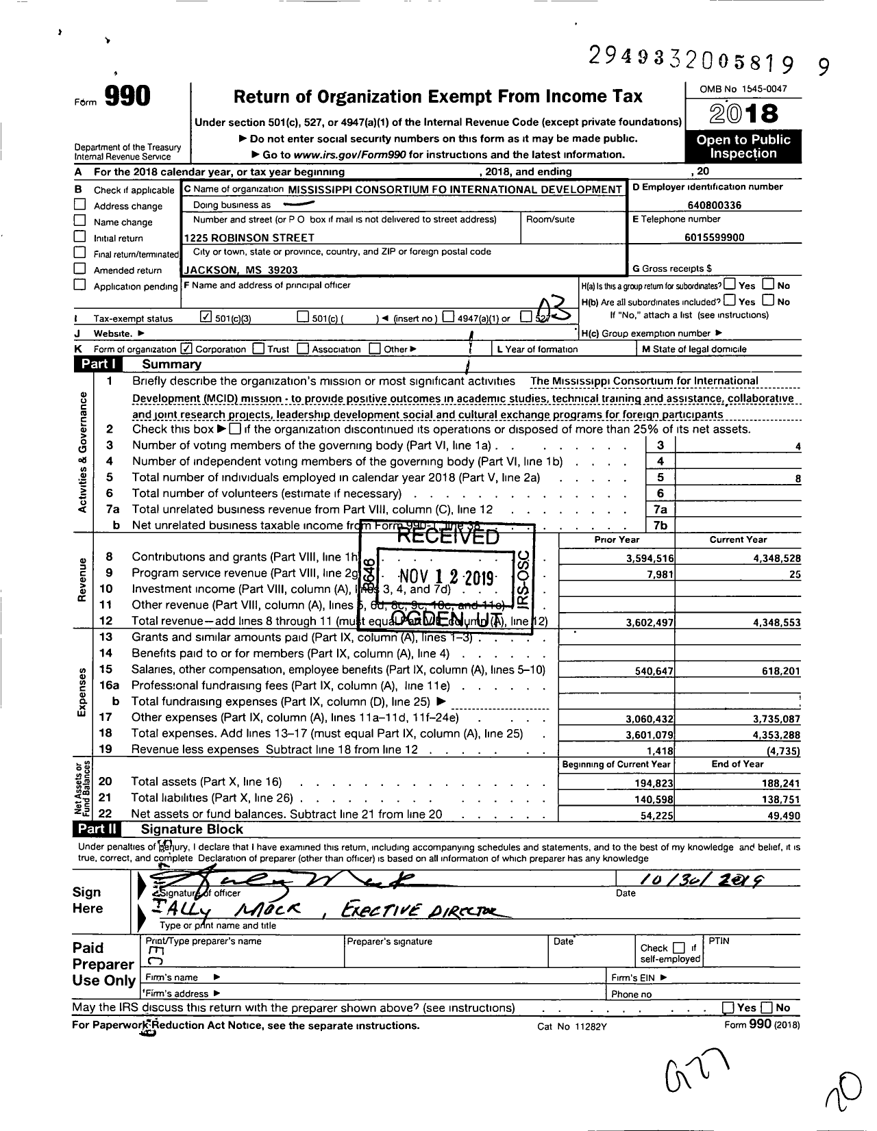 Image of first page of 2018 Form 990 for Mississippi Consortium for International Development (MCID)