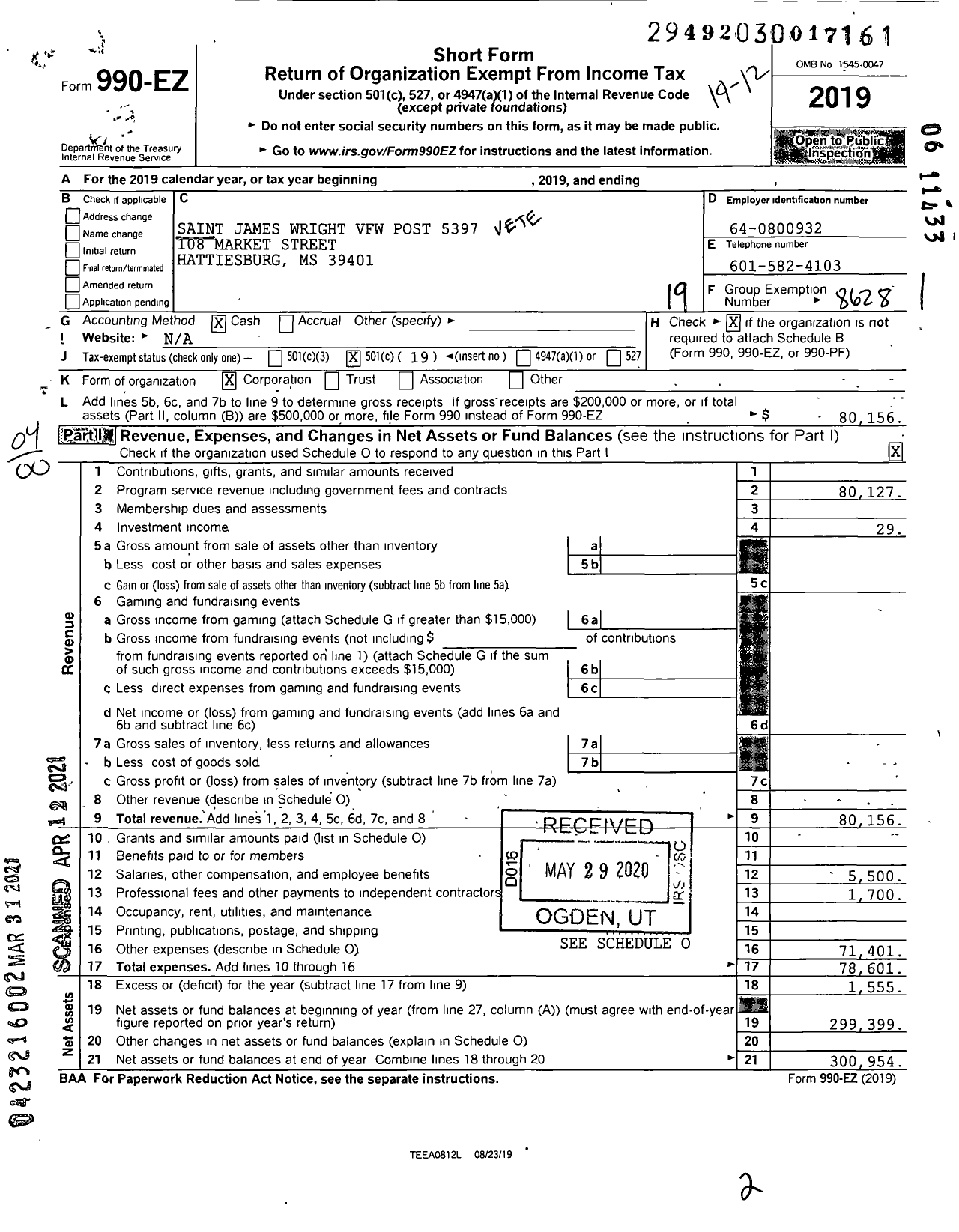 Image of first page of 2019 Form 990EO for Veterans of Foreign Wars Department of Mississippi - St James Wright VFW Post 5397