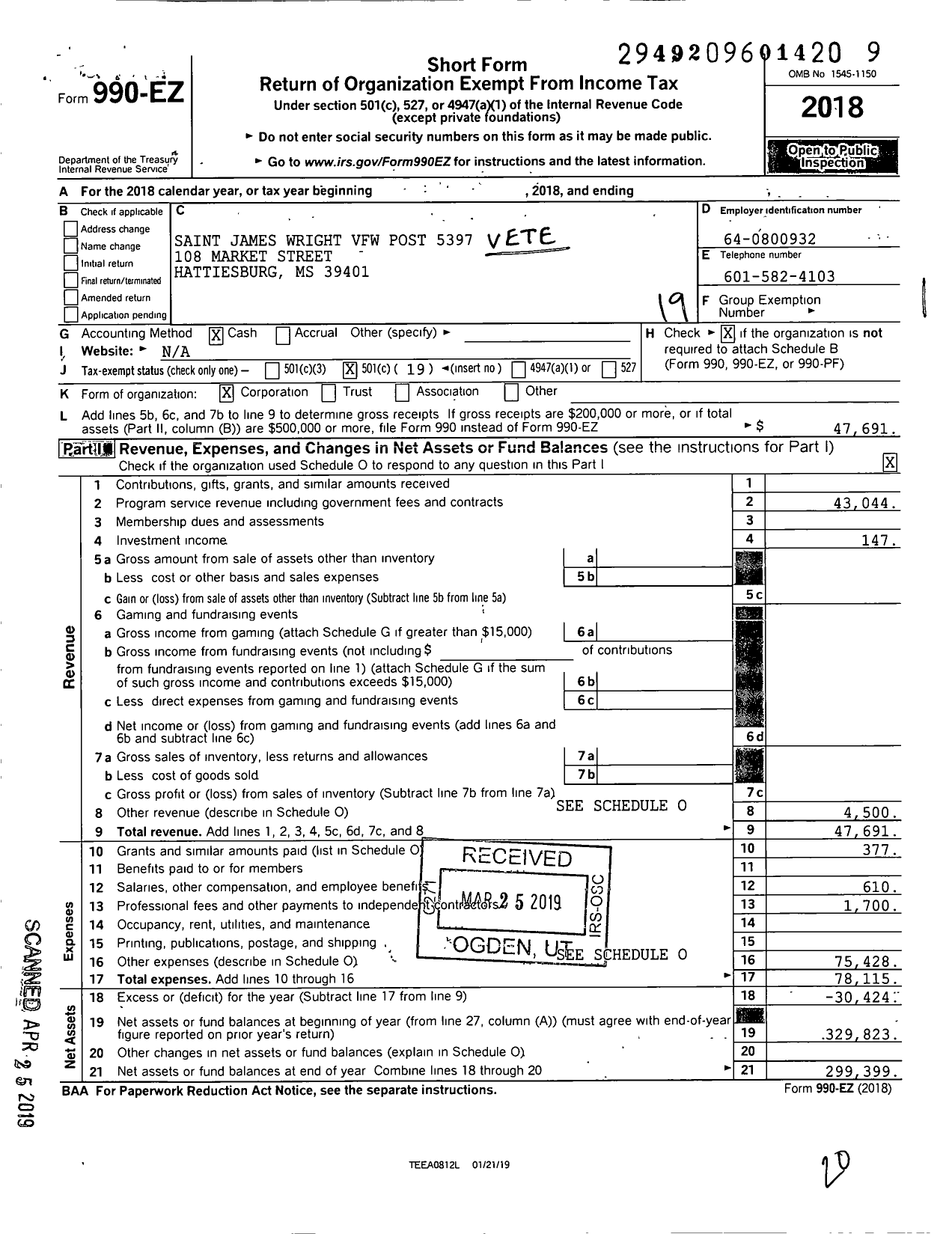 Image of first page of 2018 Form 990EO for Veterans of Foreign Wars Department of Mississippi - St James Wright VFW Post 5397